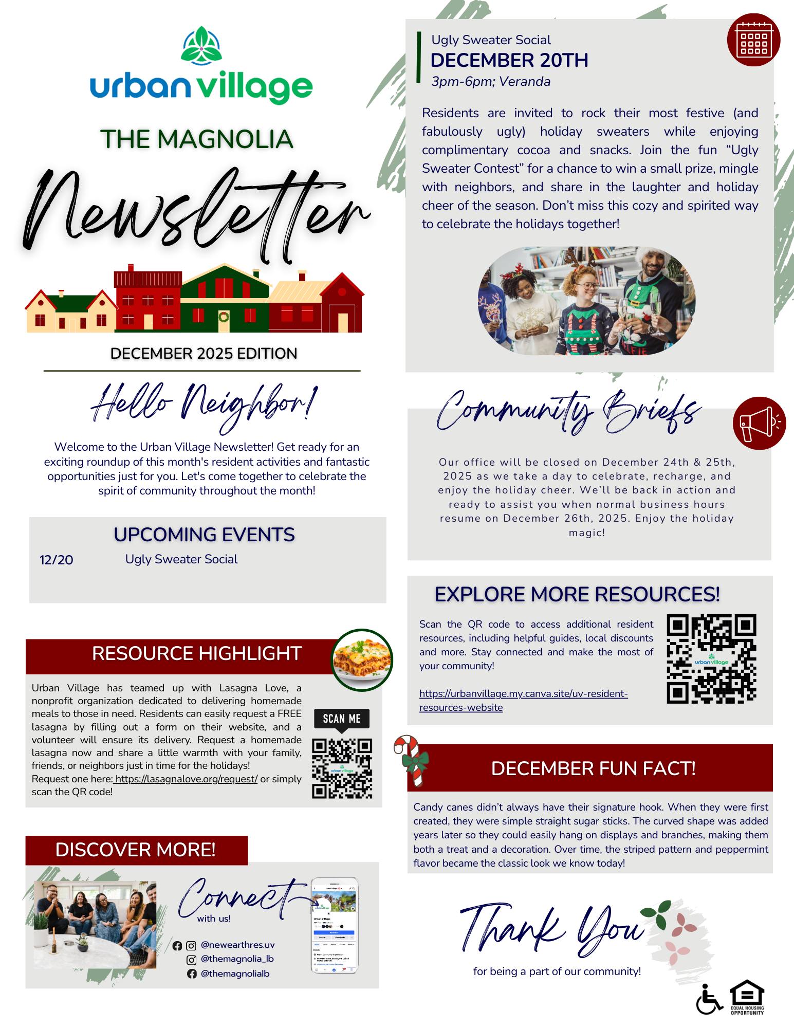 A community newsletter titled 'The Magnolia' for December 2025, featuring events, resources, and community news. There are colorful illustrations of houses and children, with details about an 'Ugly Sweater Social'.