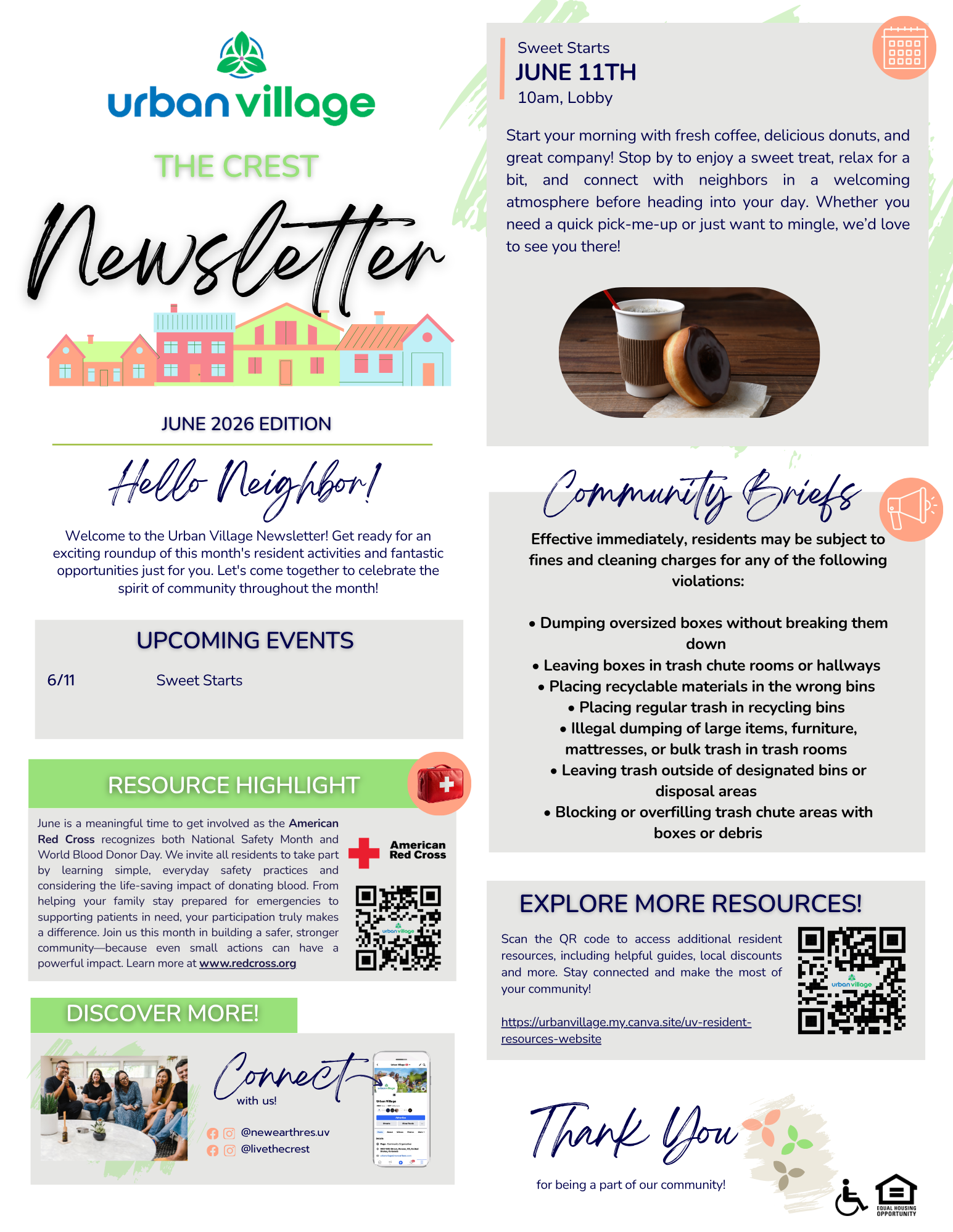 A community newsletter titled 'The Crest' for Urban Village featuring event announcements and resource highlights.