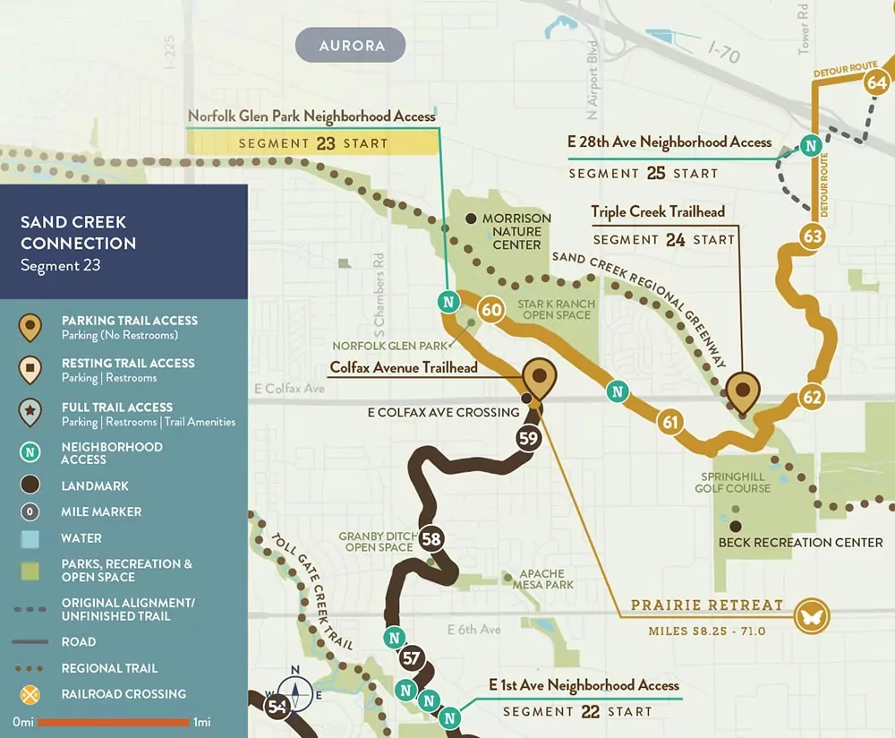 Map detailing the Sand Creek Connection Segment 23, showing access points and trails in the area including various landmarks and mile markers.