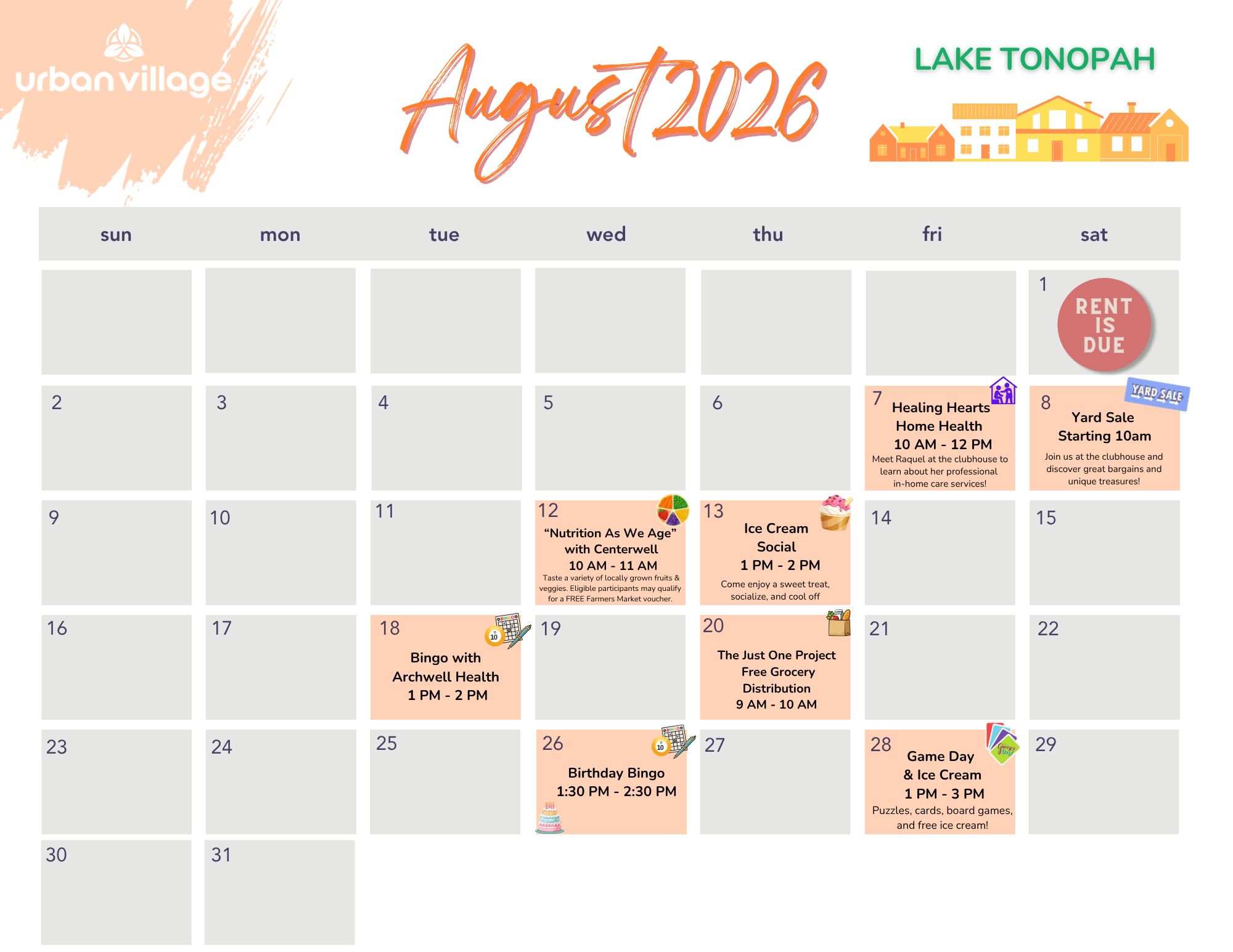 A calendar for August 2026, featuring events organized by Urban Village at Lake Tonopah. Key events include Healing Hearts Home Health on the 13th, Ice Cream Social on the 14th, a yard sale starting at 10 AM on the 15th, and bingo on the 12th.