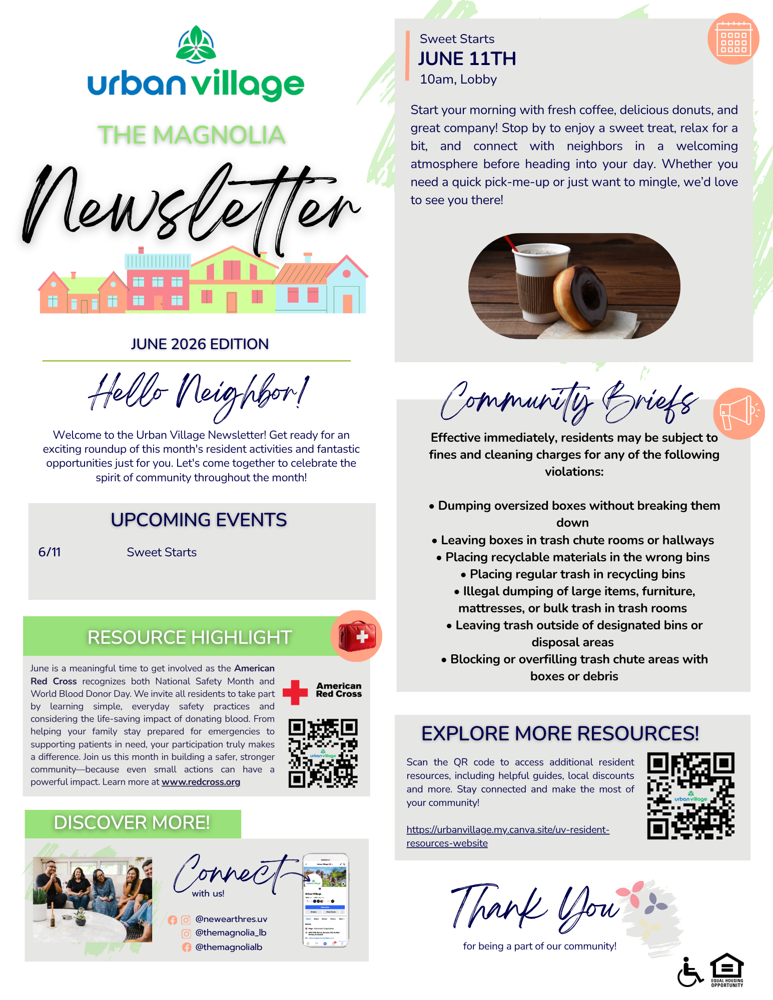 A community newsletter with various sections including upcoming events, resource highlights, and community briefs. It features a colorful design with icons and QR codes.