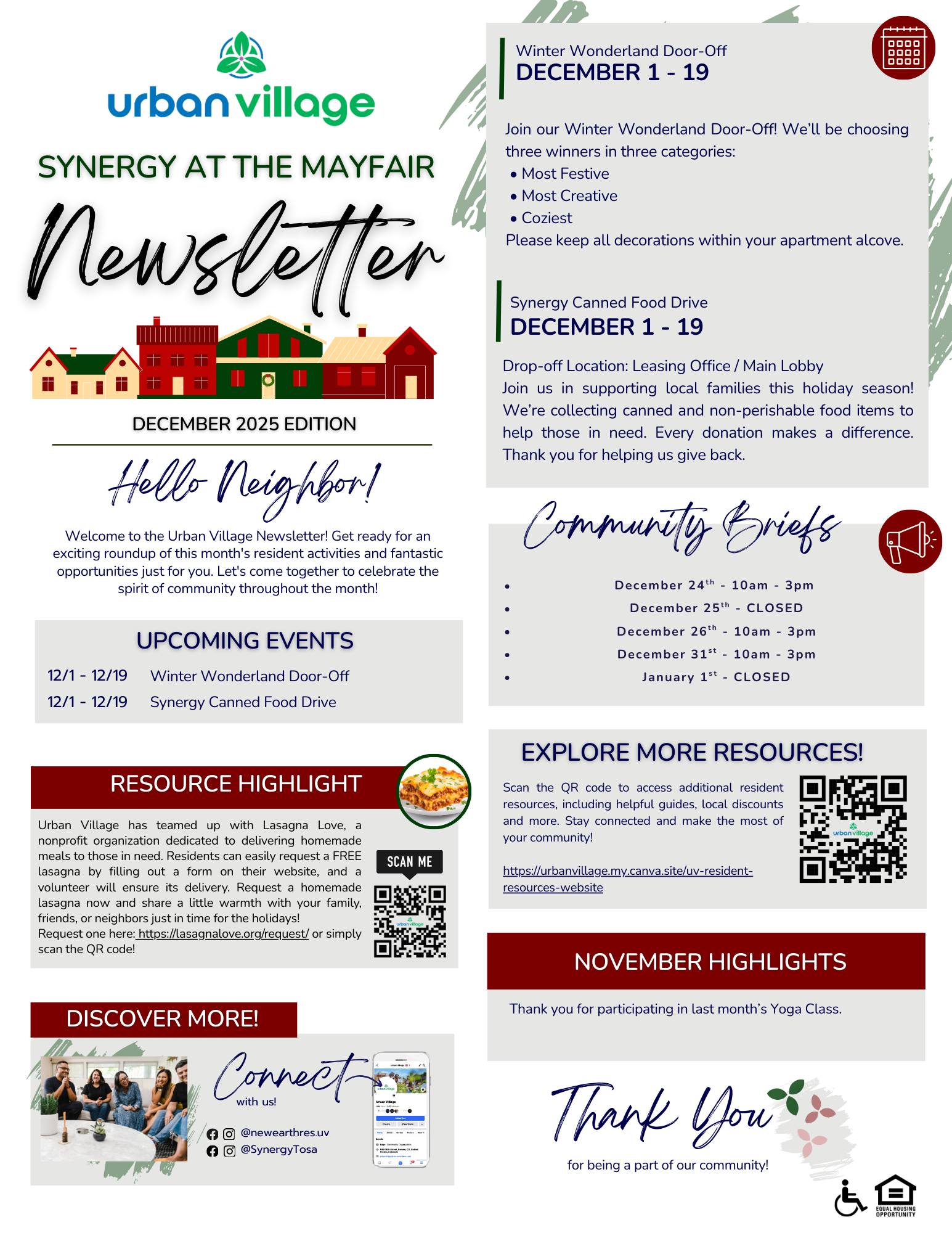 Newsletter titled 'Synergy at the Mayfair' with information about community events including the Winter Wonderland Door-Off and Synergy Canned Food Drive, resource highlights, and updates for December 2025.