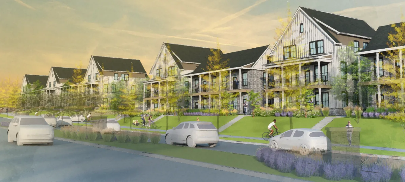 A conceptual rendering of a residential community featuring multiple buildings with modern architecture, surrounded by greenery and parked cars on a street.