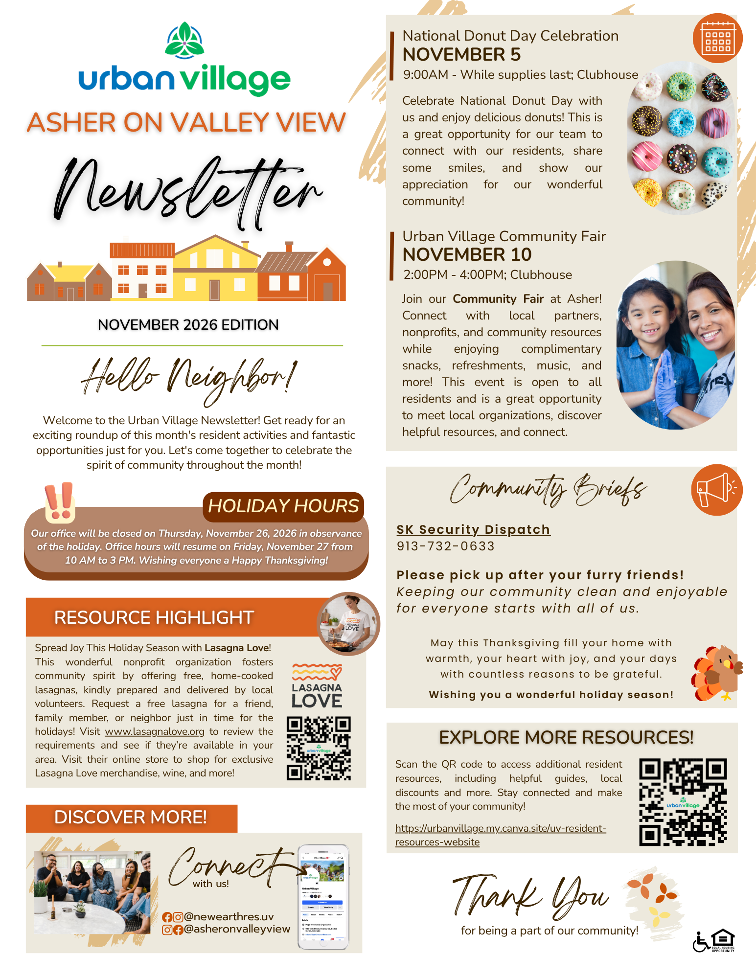 Newsletter for Urban Village Asher on Valley View featuring community events, resources, and holiday hours.
