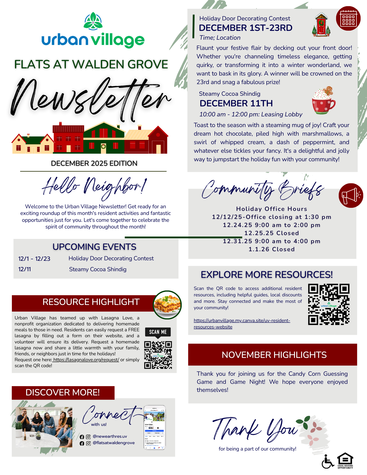 Newsletter for the Flats at Walden Grove featuring community events and resources for December 2025.
