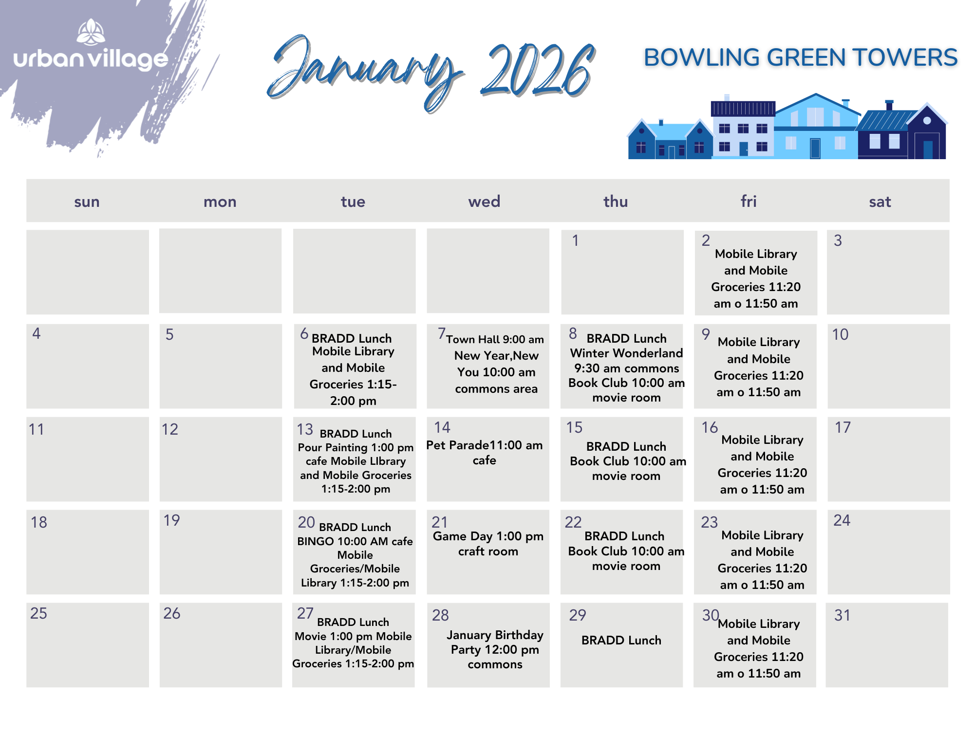 A calendar for January 2026 featuring events at Bowling Green Towers. The calendar includes activities like mobile library visits, community lunches, and special events such as a New Year celebration and a game day.