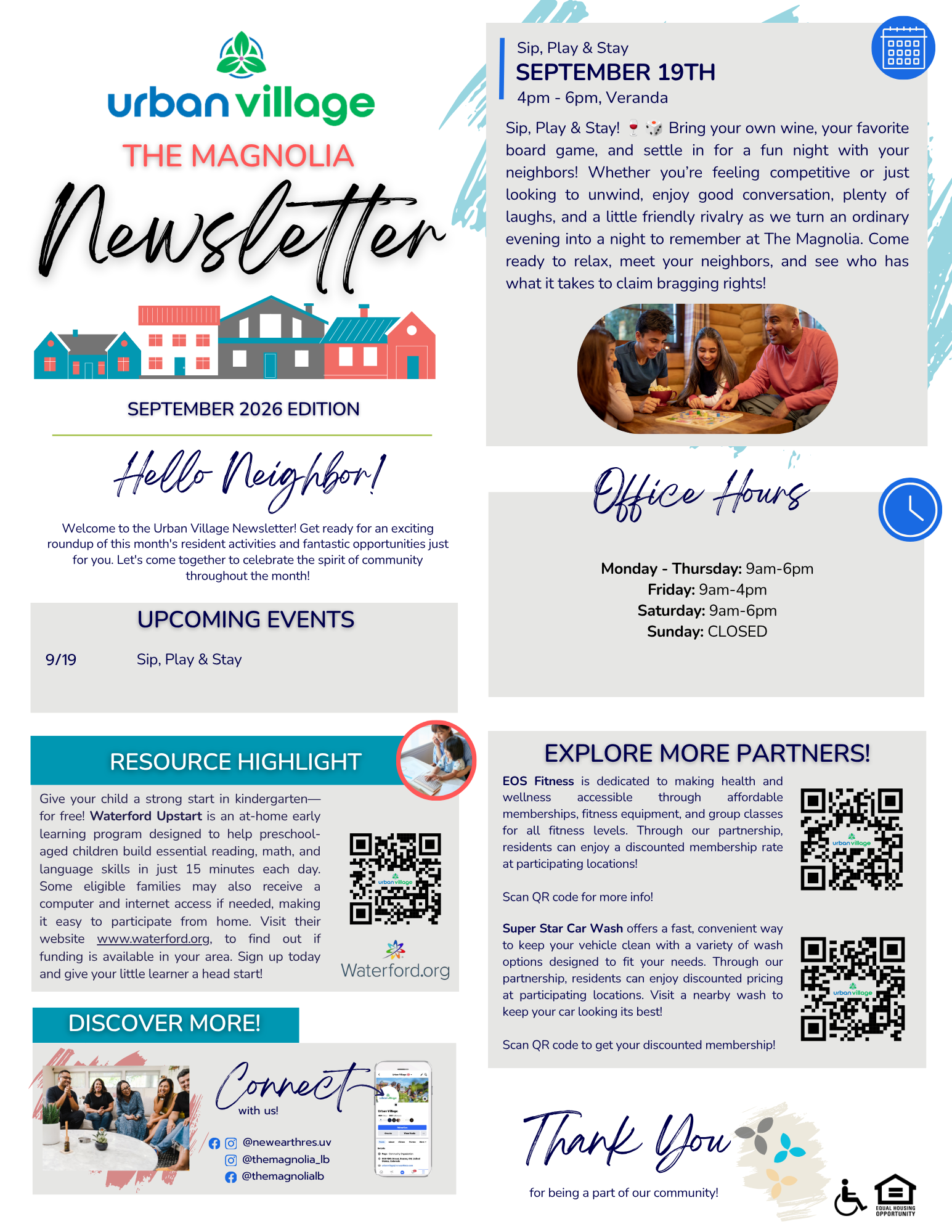 Newsletter for Urban Village, The Magnolia featuring upcoming events and community resources.