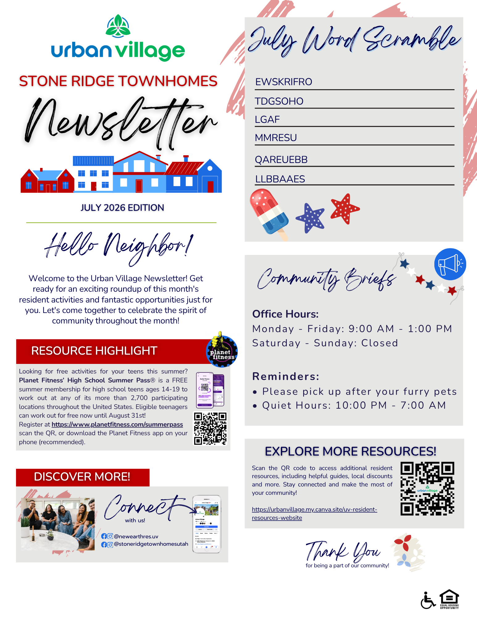 A colorful newsletter for Urban Village's Stone Ridge Townhomes, featuring a word scramble, community details, and resource information.