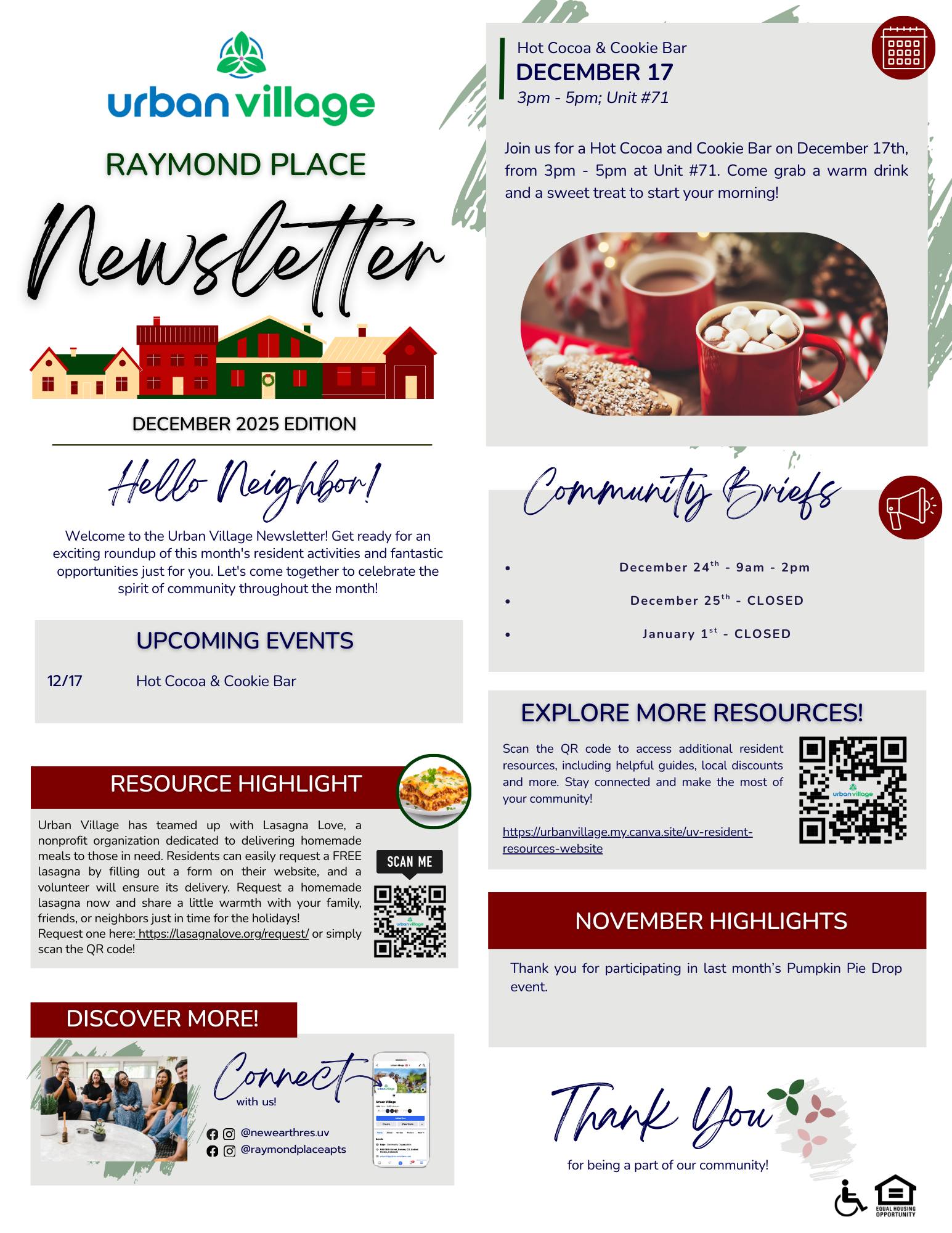A newsletter for Urban Village Raymond Place featuring event details, resource highlights, and community briefs for December 2025. Includes a hot cocoa and cookie bar event and other local announcements.