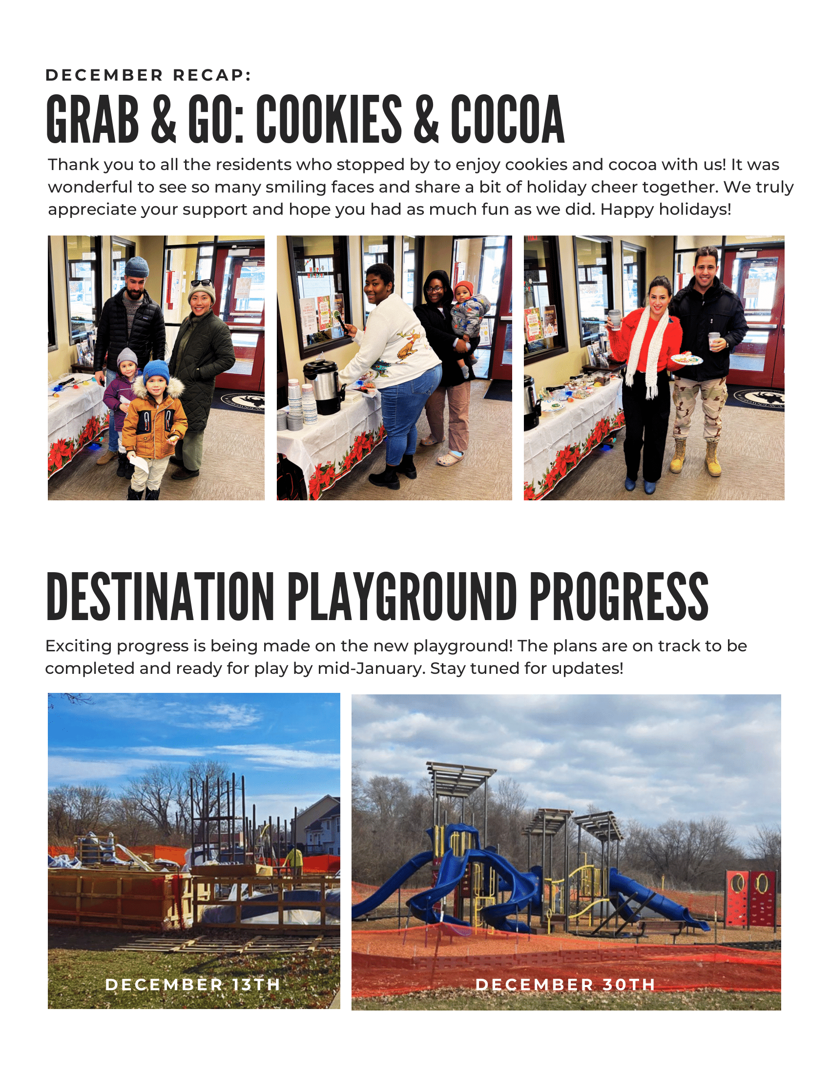 A community event recap featuring photos of residents enjoying cookies and cocoa at a gathering, along with playground construction progress images.