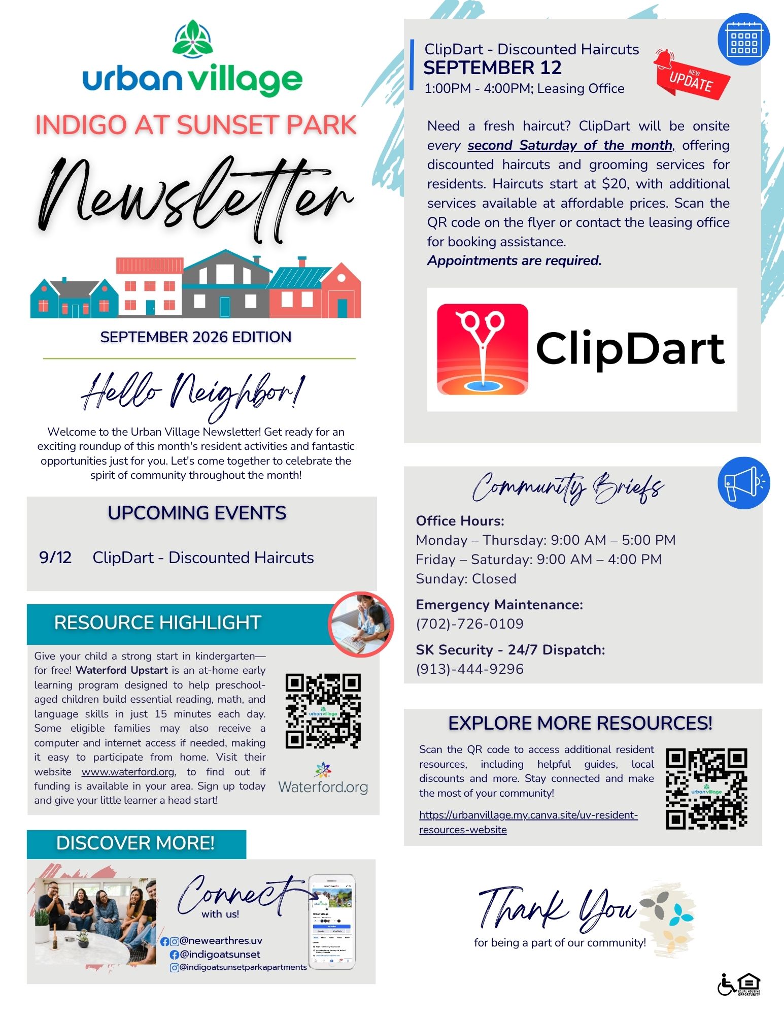 A colorful newsletter from Urban Village featuring information about upcoming events, community resources, and contact details for services. The top section introduces the newsletter, followed by details about a discount hair service and community briefs.