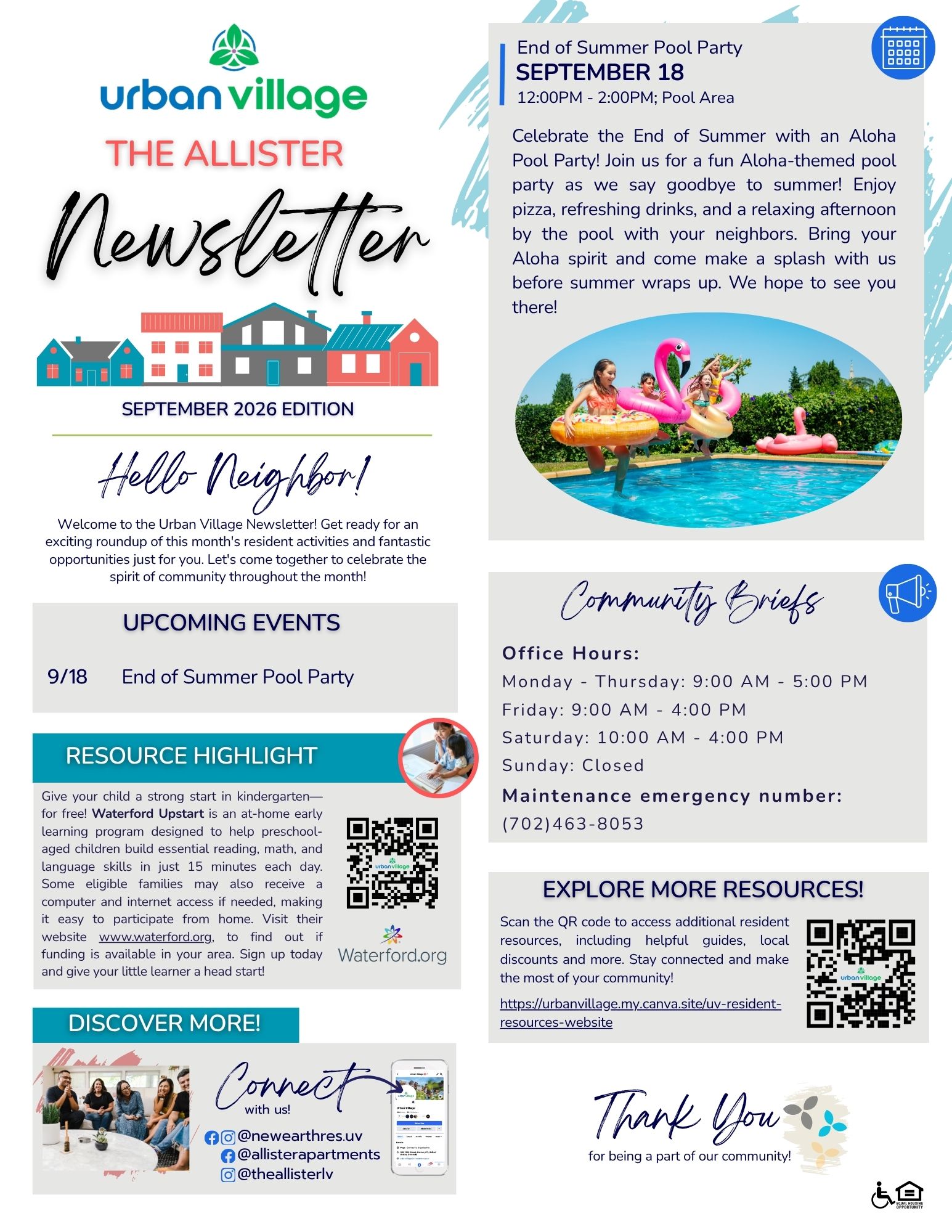 Newsletter for Urban Village in September 2026 featuring an End of Summer Pool Party event.