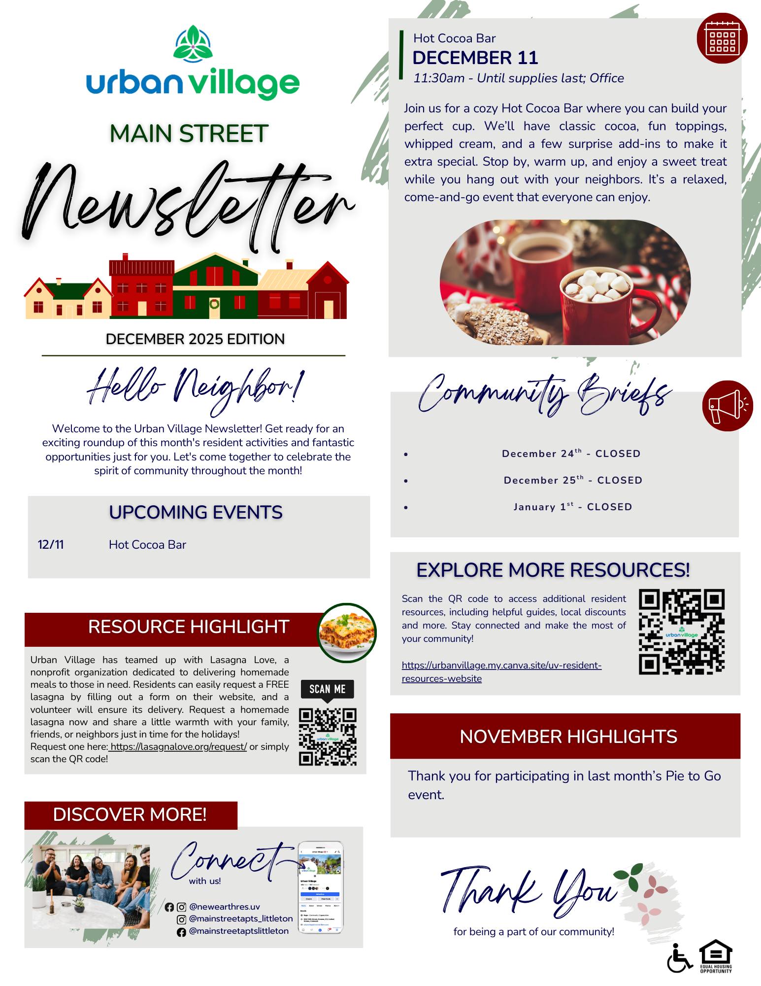 A community newsletter for Urban Village's Main Street, featuring events, resources, and announcements for December 2025.