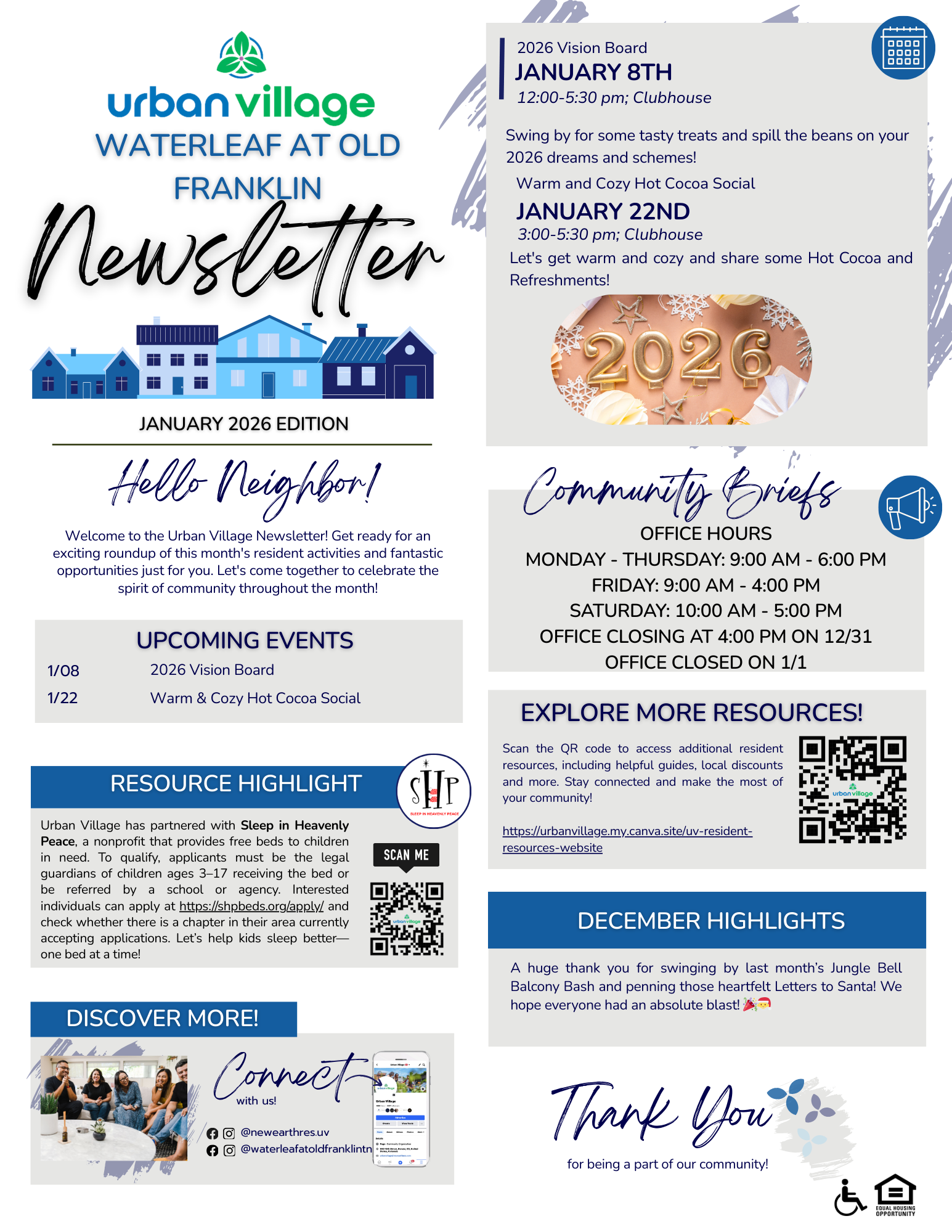 Newsletter for Urban Village at Waterleaf at Old Franklin, detailing upcoming events, office hours, and community resources.