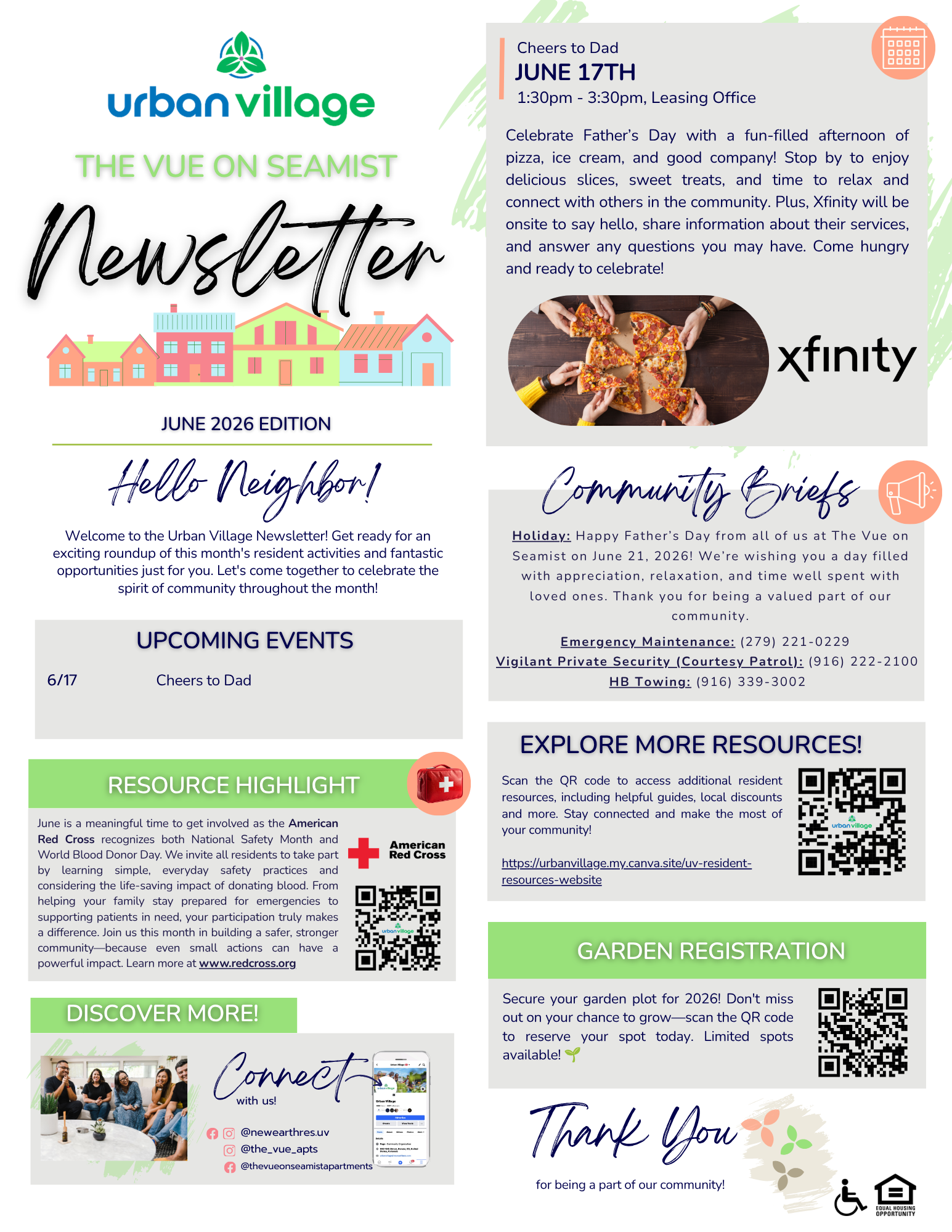 A newsletter for Urban Village featuring the Vue on Seamist. Includes a celebration for Father's Day, resource highlights, and community briefs.