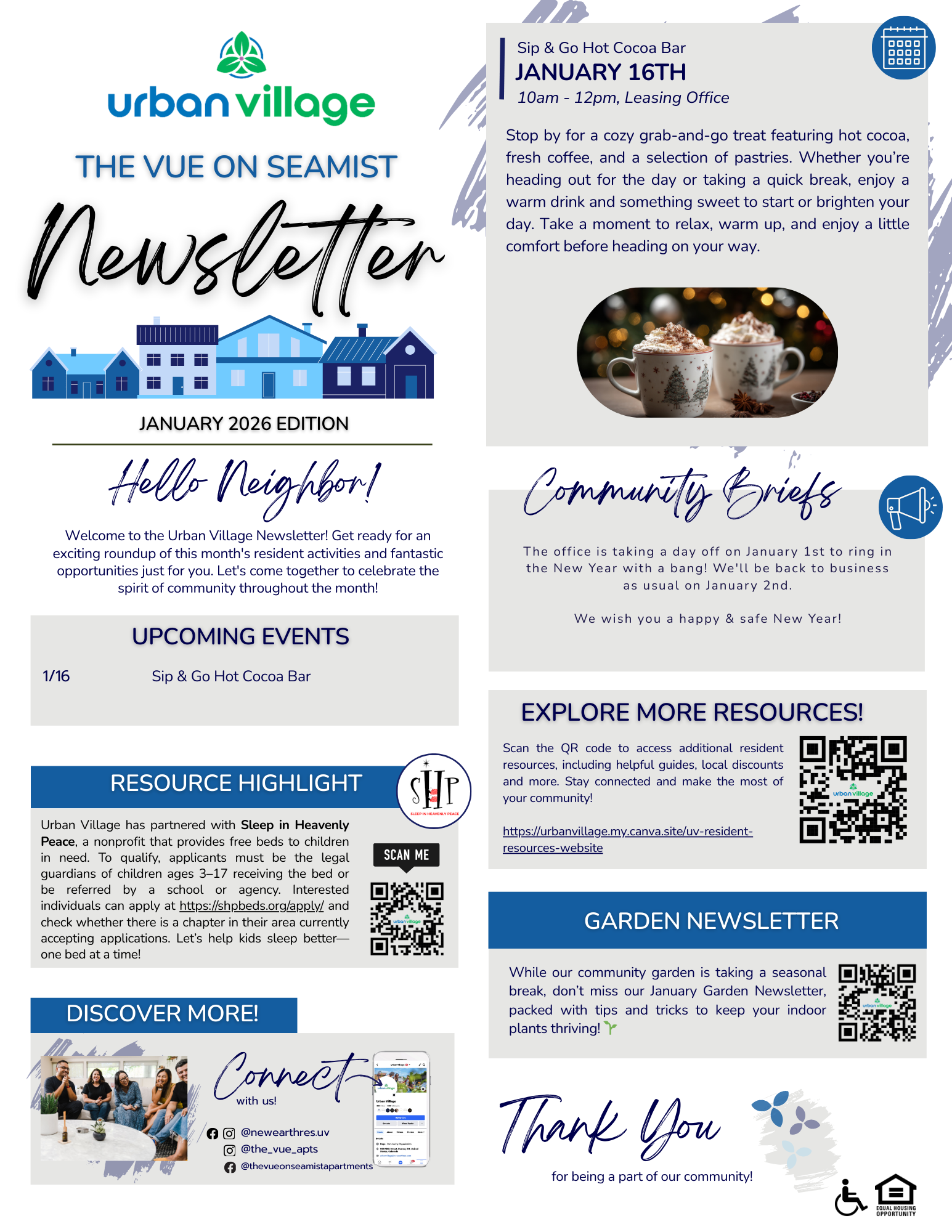 A colorful community newsletter titled 'The Vue on Seamist'. It includes sections for upcoming events, resource highlights, and a thank you message, featuring images of people enjoying a hot cocoa bar engagement. There's a focus on community engagement and resources available.