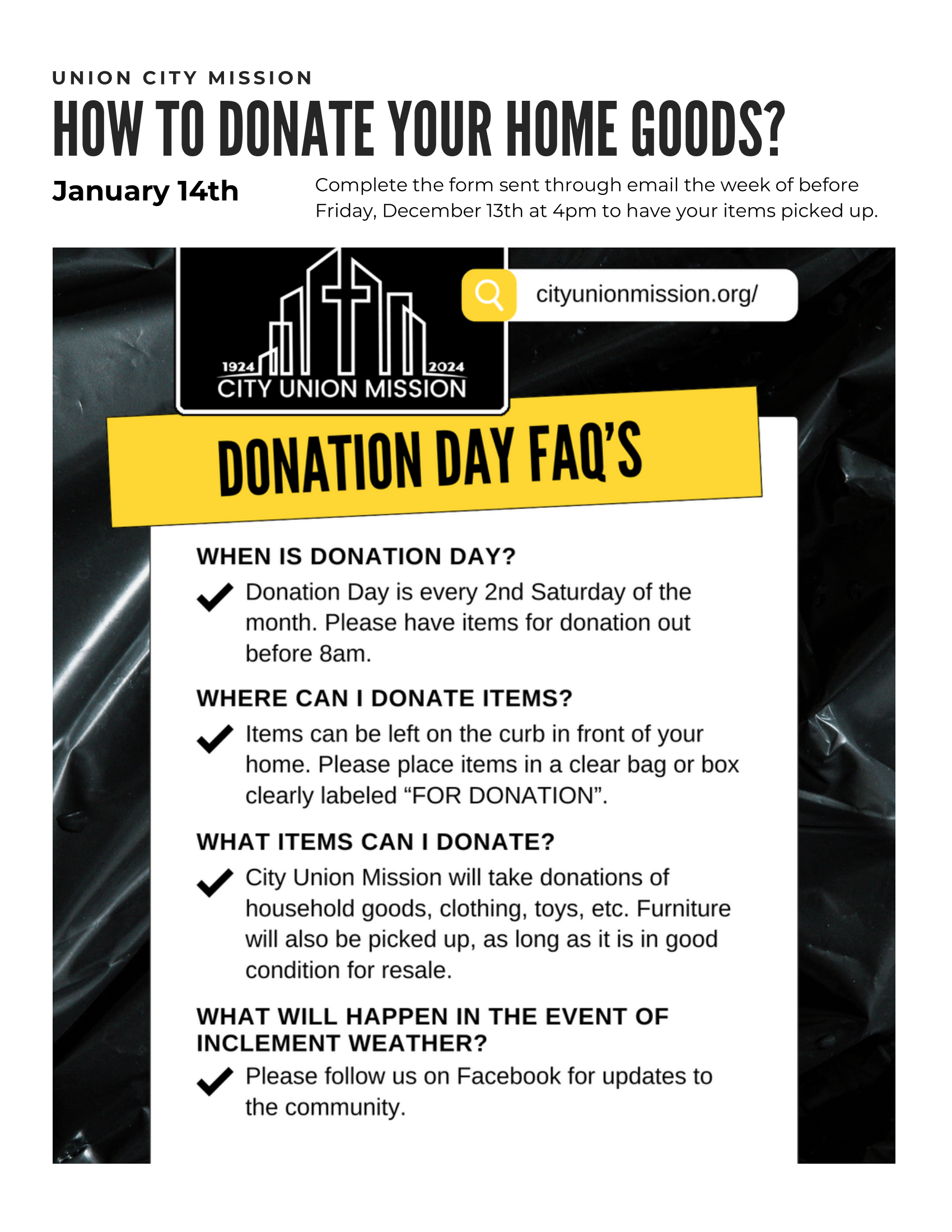 A flyer detailing the donation process for the City Union Mission, including information on donation day, drop-off locations, accepted items, and inclement weather procedures.