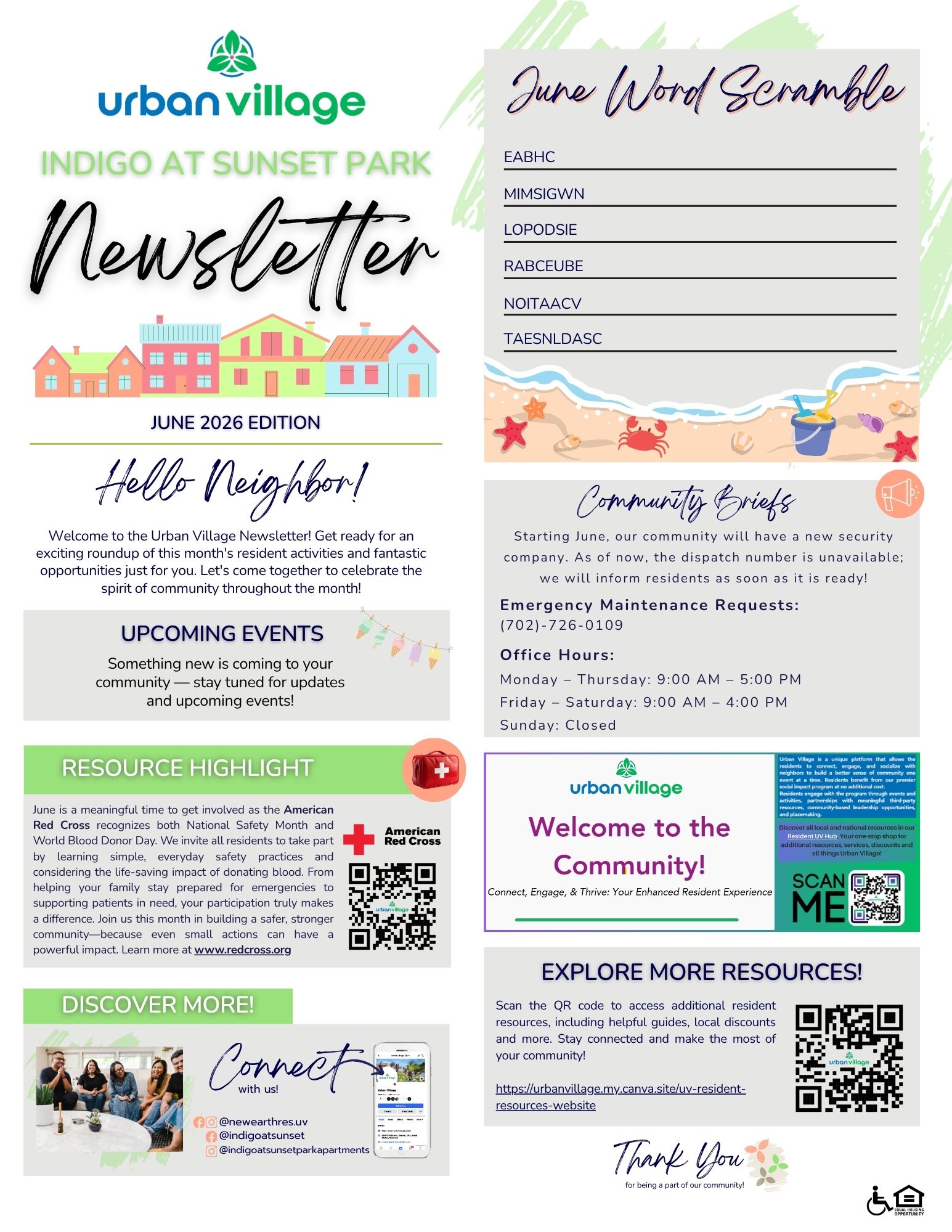 Newsletter for Indigo at Sunset Park, June 2026 edition, featuring events, resources, and community briefs.