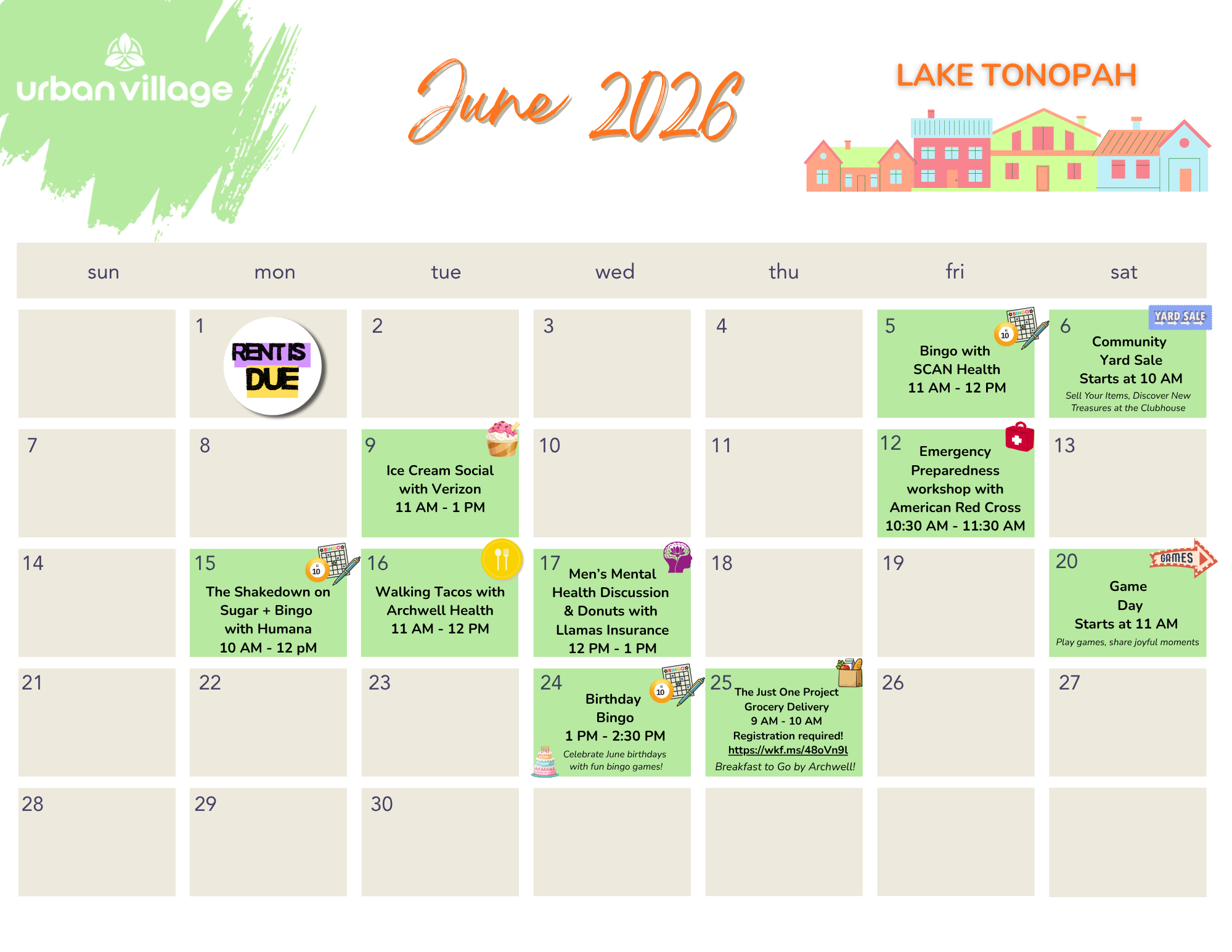 A monthly calendar for June 2026 featuring events in Lake Tonopah, including rent due dates, community activities, and health workshops.