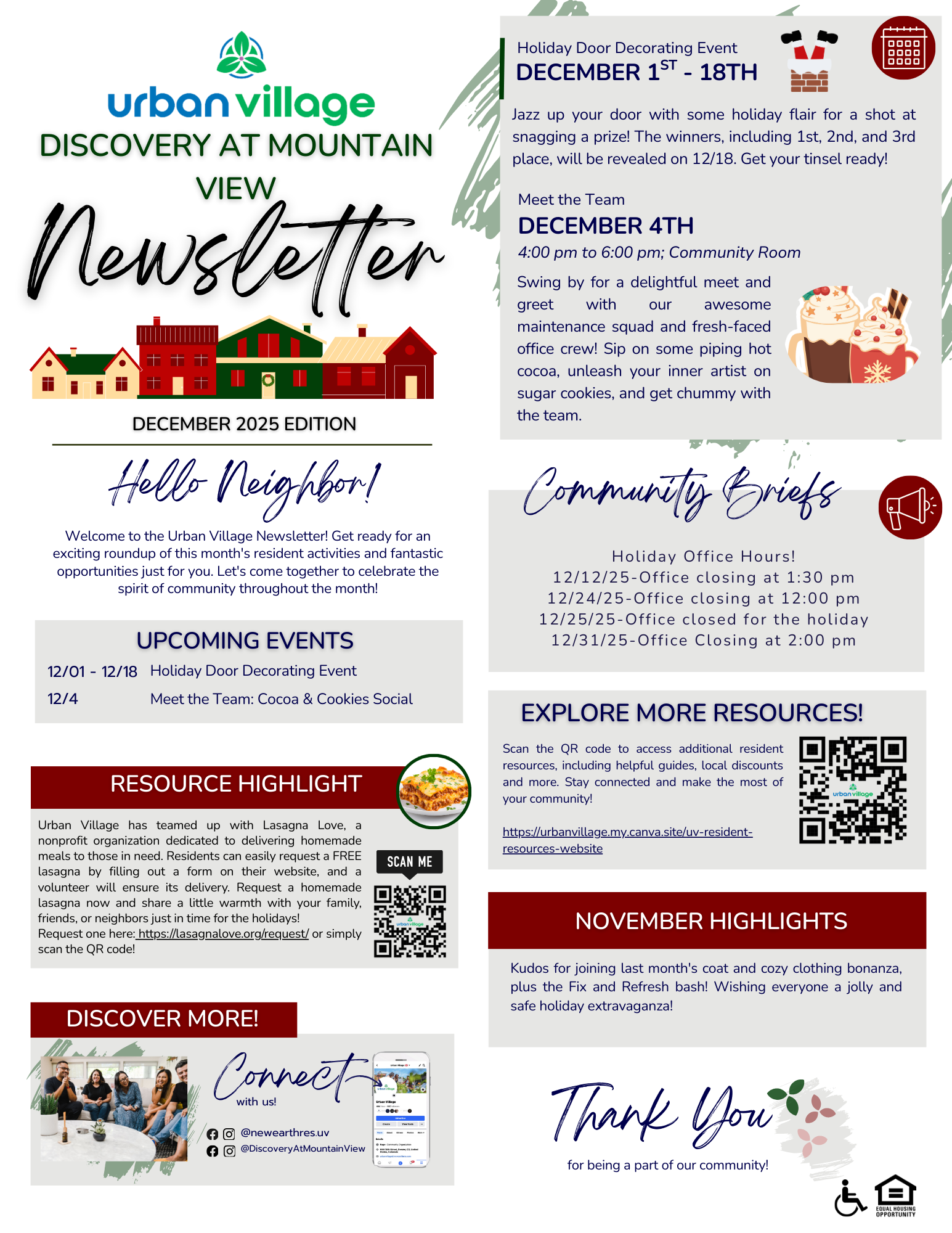 Newsletter for Urban Village Discovery at Mountain View, December 2025 edition, featuring community events and announcements.