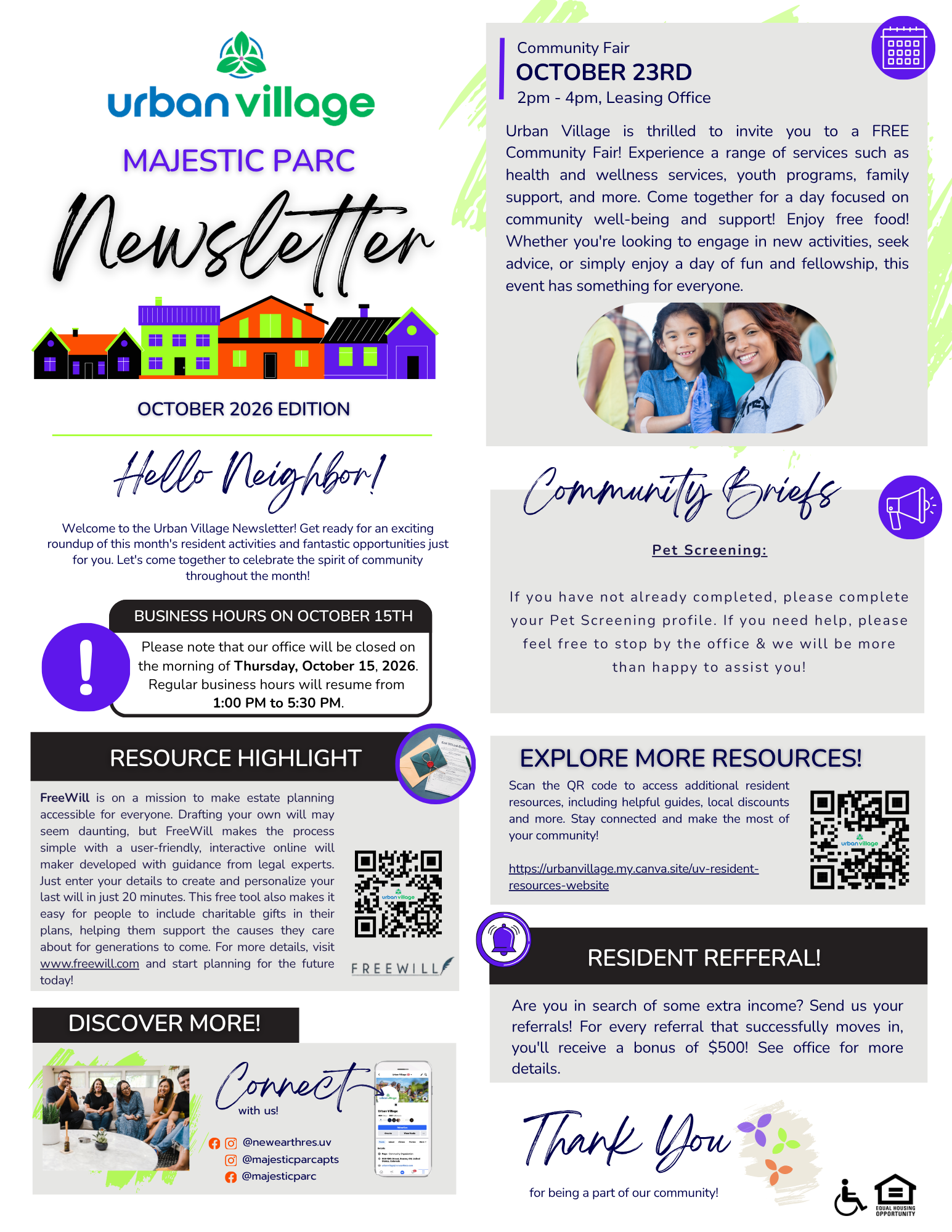 Newsletter from Urban Village featuring a community fair and resource highlight.