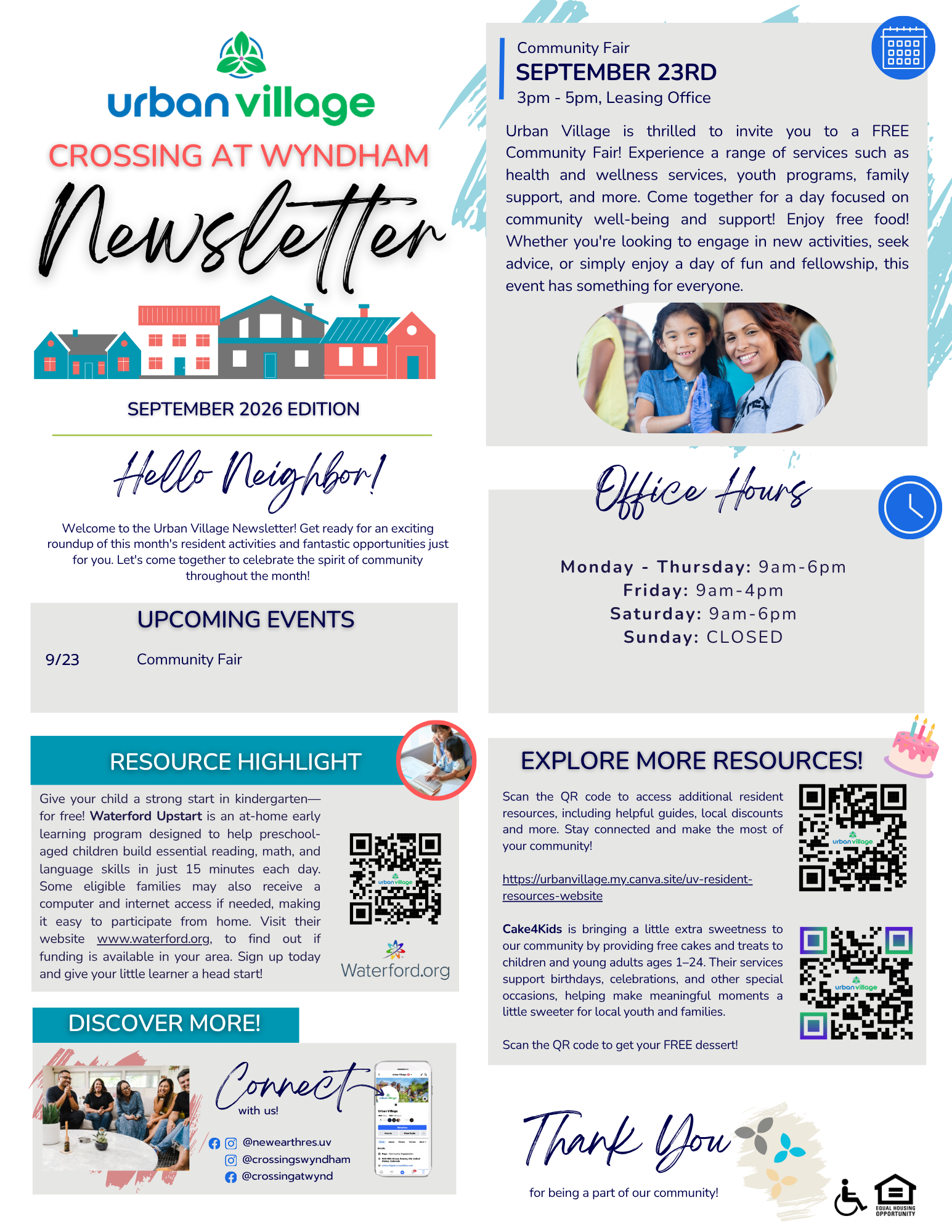 Newsletter for Urban Village's community event featuring information about upcoming events, office hours, and resources.
