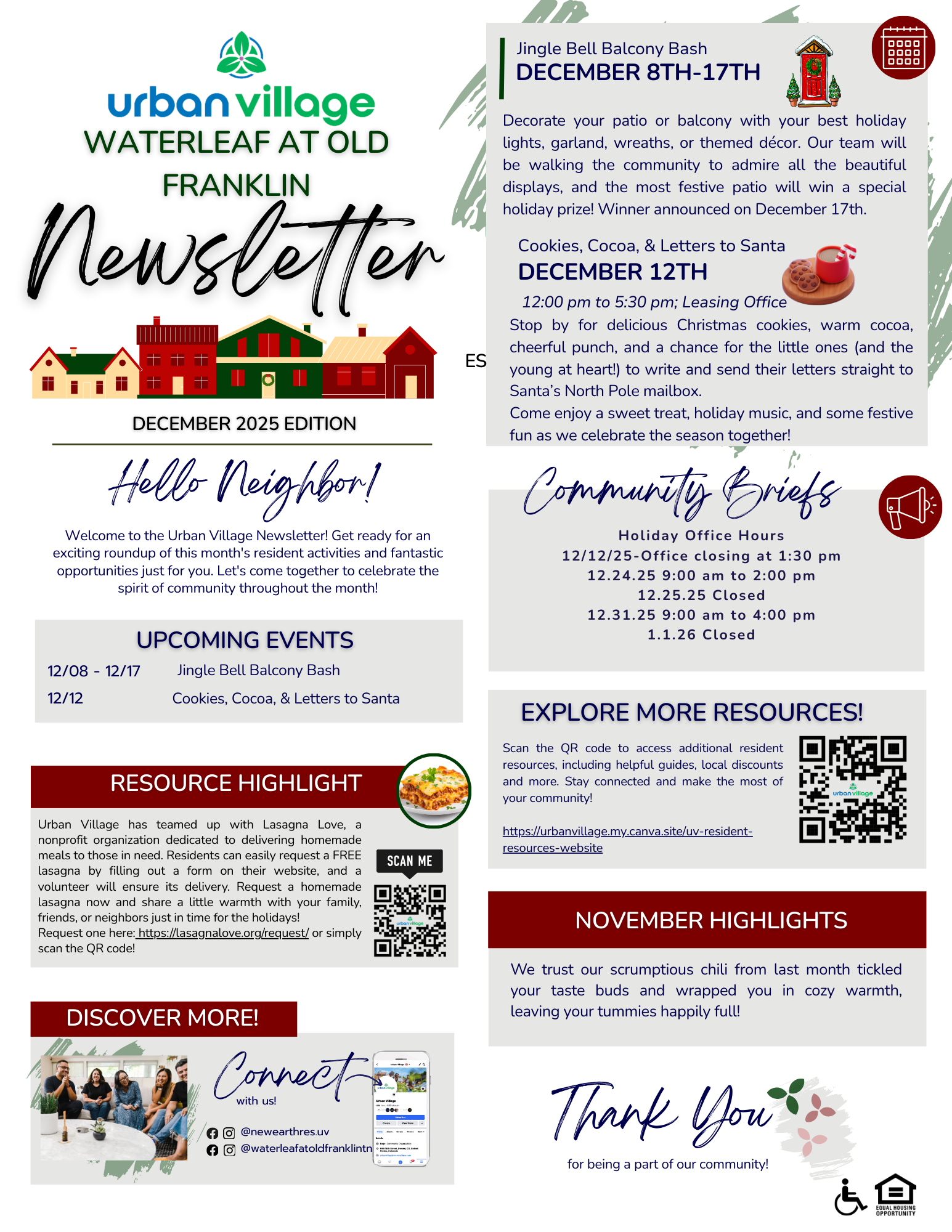 A colorful community newsletter for Urban Village at Waterleaf at Old Franklin, detailing upcoming events, resource highlights, and community series. Includes festive graphics and event dates.