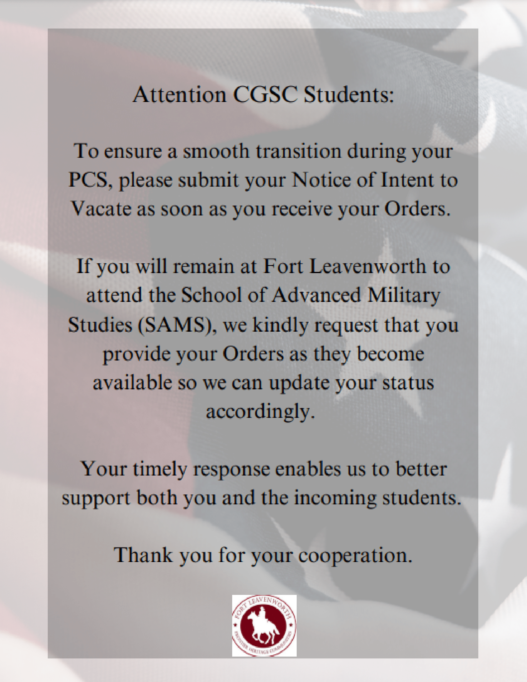 Notice for CGSC students regarding transition and submission of orders.