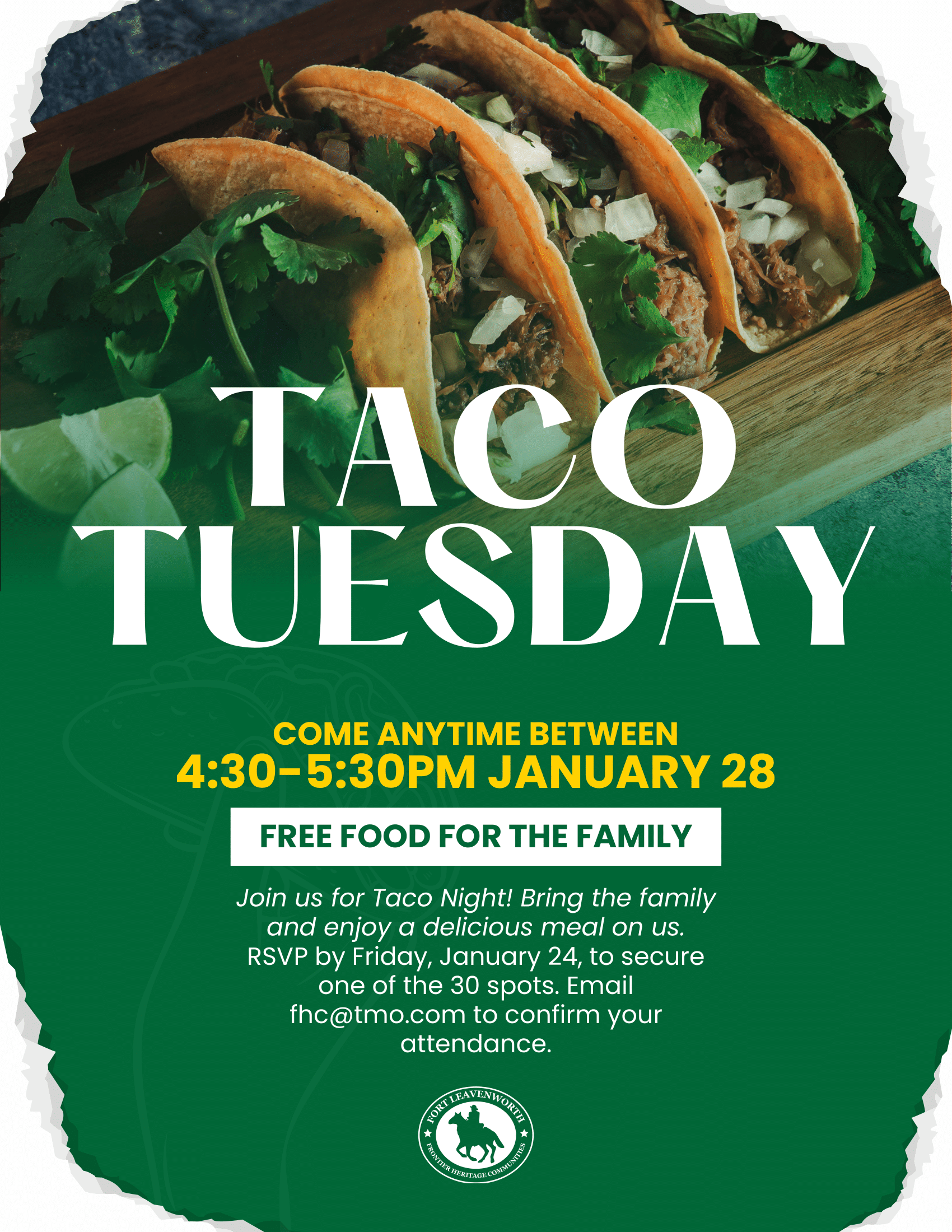 A promotional flyer for Taco Tuesday, featuring tacos on a wooden platter with greenery in the background. The text highlights the event details and includes a call to action for RSVPs.