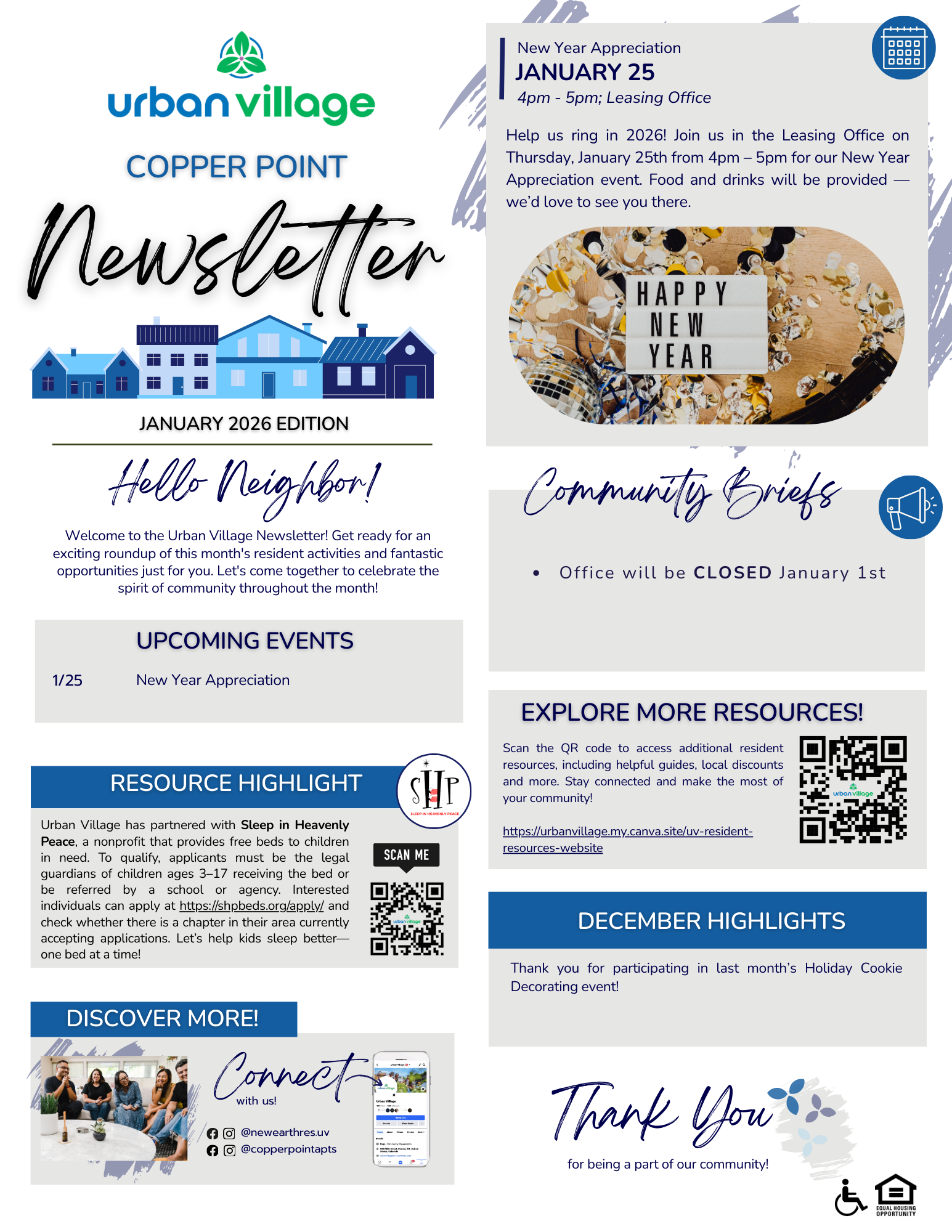 Newsletter for Urban Village, Copper Point, January 2026 edition highlighting community events and resources.