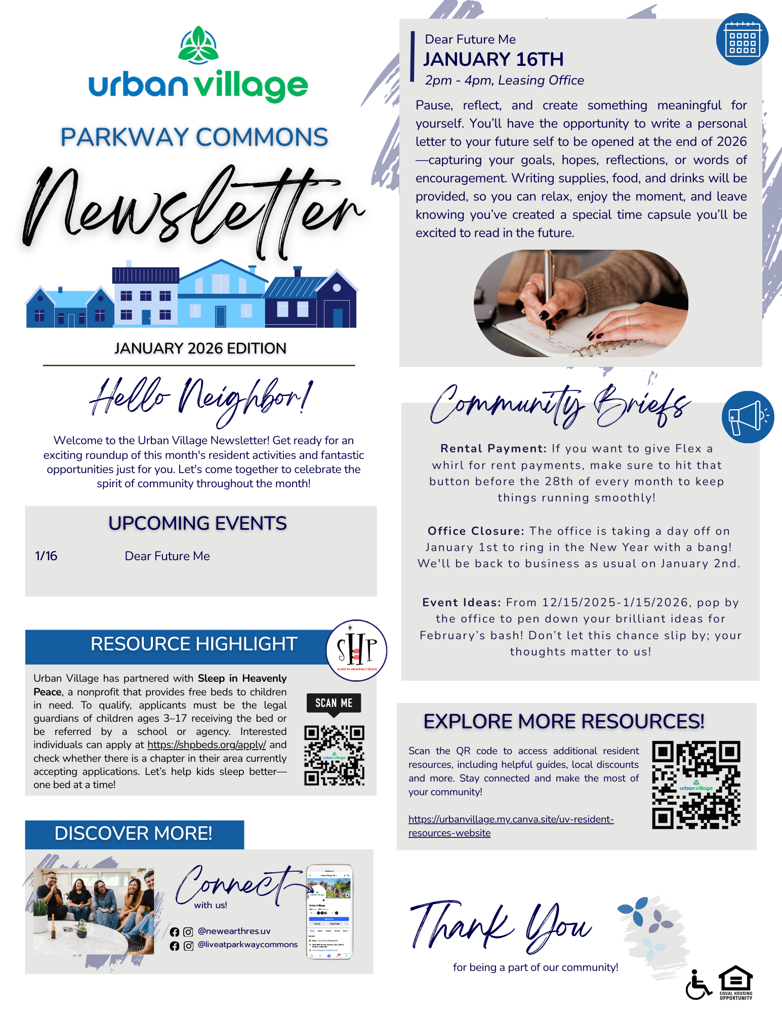 A community newsletter layout featuring upcoming events, resource highlights, and community brief updates for Parkway Commons. Includes sections for events, resource highlights, and community engagement information.