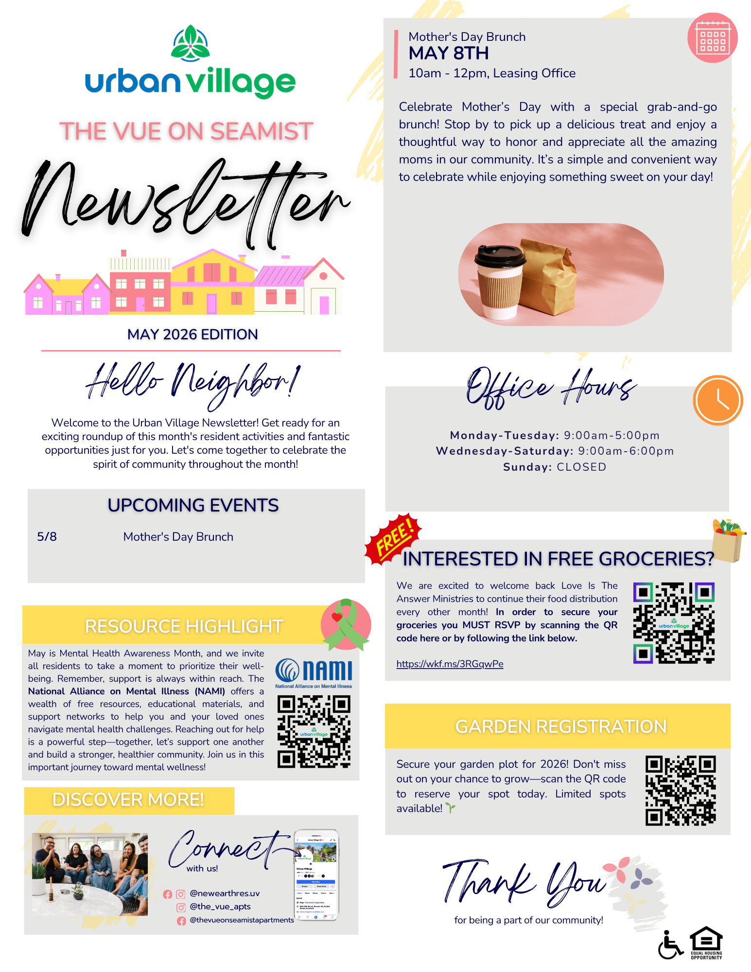 Newsletter for Urban Village featuring May 2026 events, office hours, and community activities.