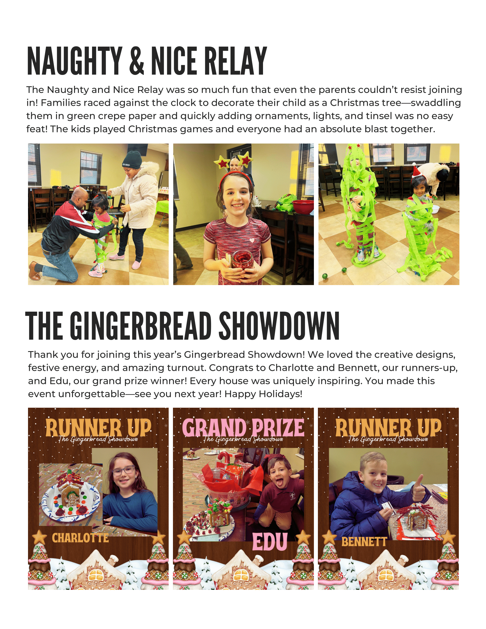 A festive newsletter highlights two holiday activities: the Naughty & Nice Relay and the Gingerbread Showdown, featuring families and children participating in Christmas-themed games and decorations.