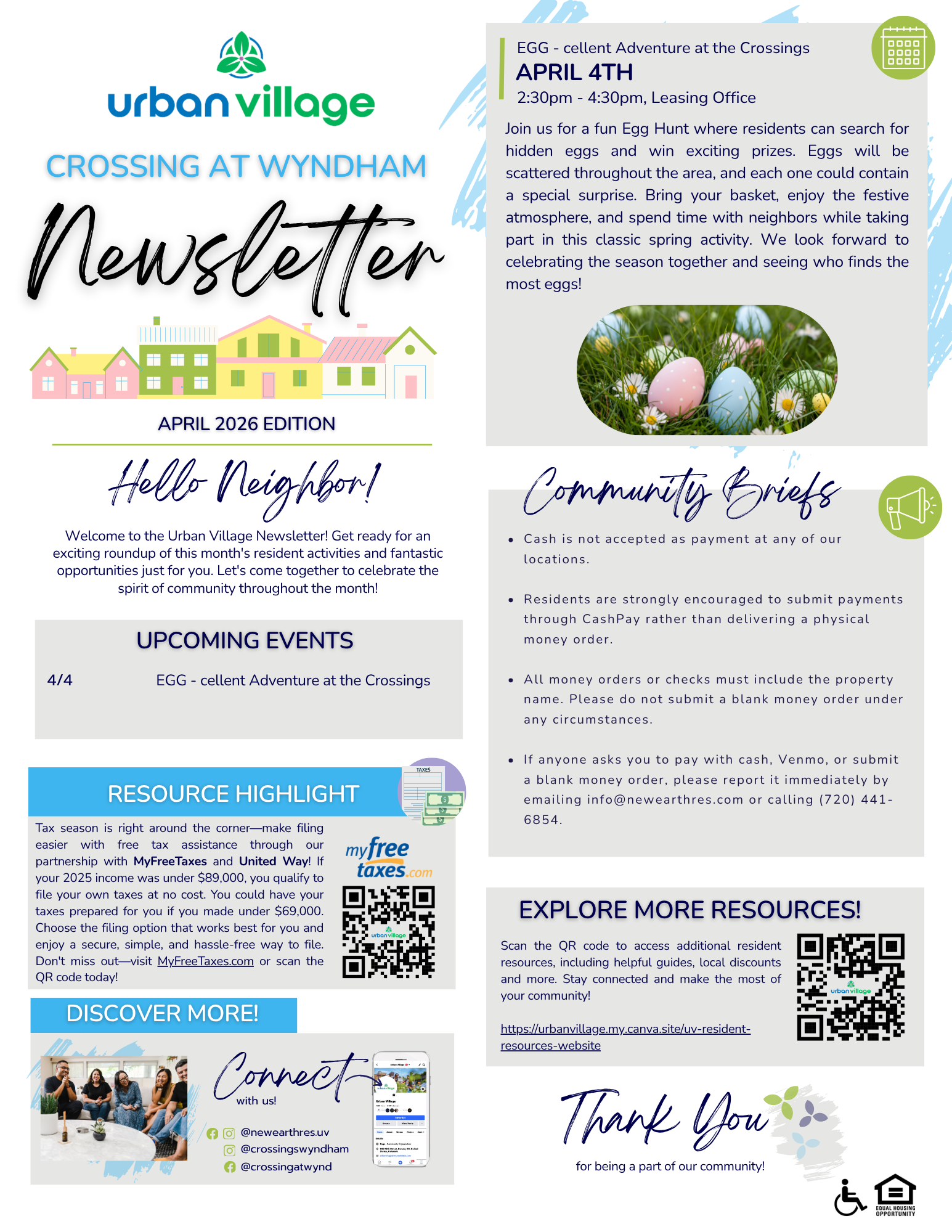 A colorful newsletter for 'Crossing at Wyndham' with event details and community highlights.