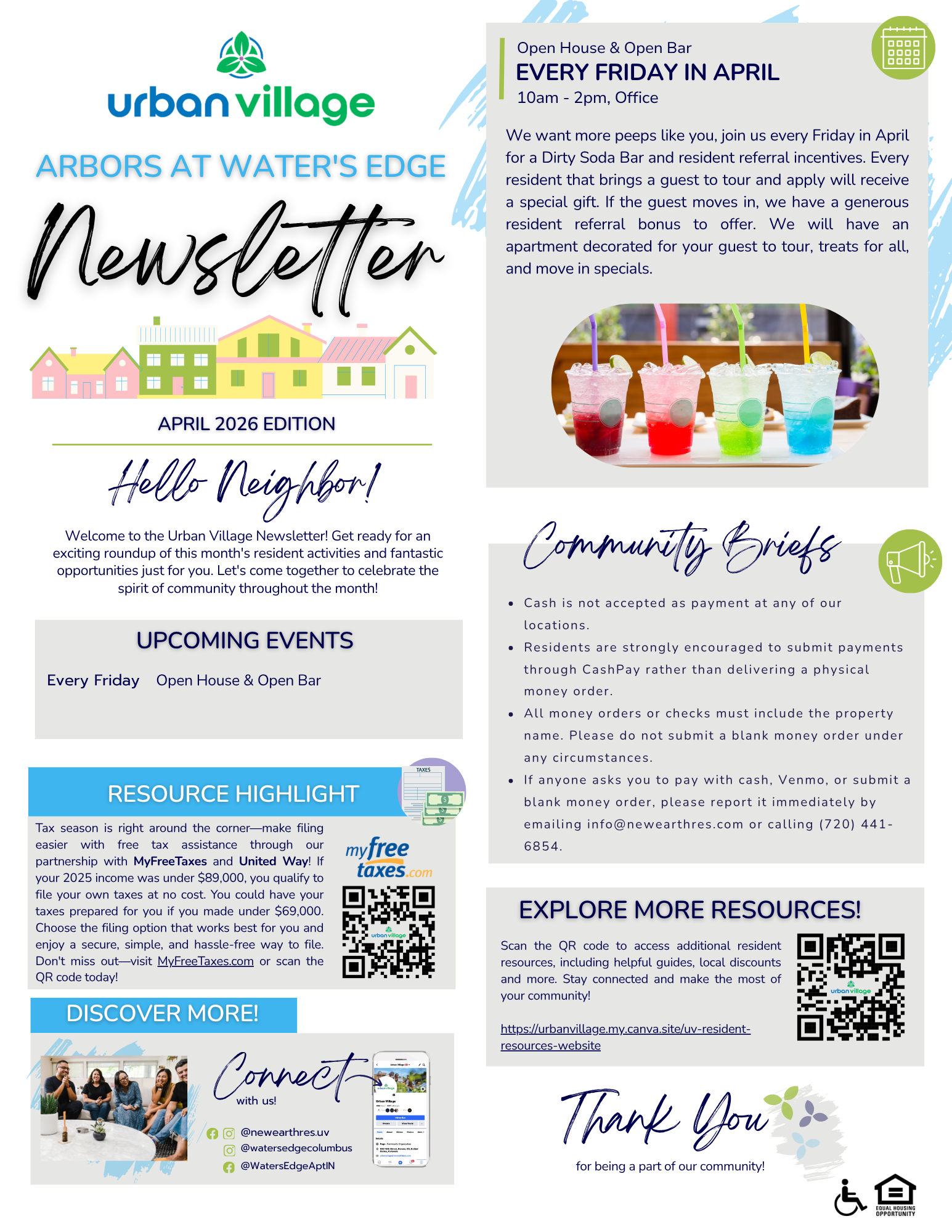 Newsletter for Urban Village, titled 'Arbors at Water's Edge,' featuring events, community briefs, and resources.