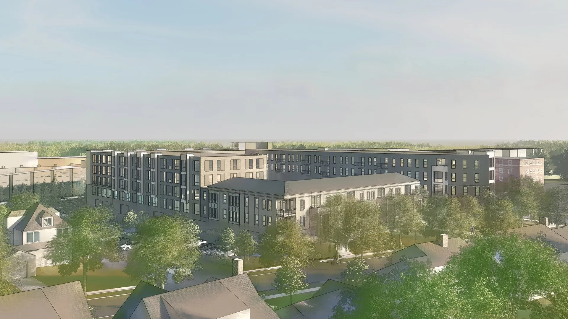 An architectural rendering of a modern apartment complex surrounded by greenery and residential houses.