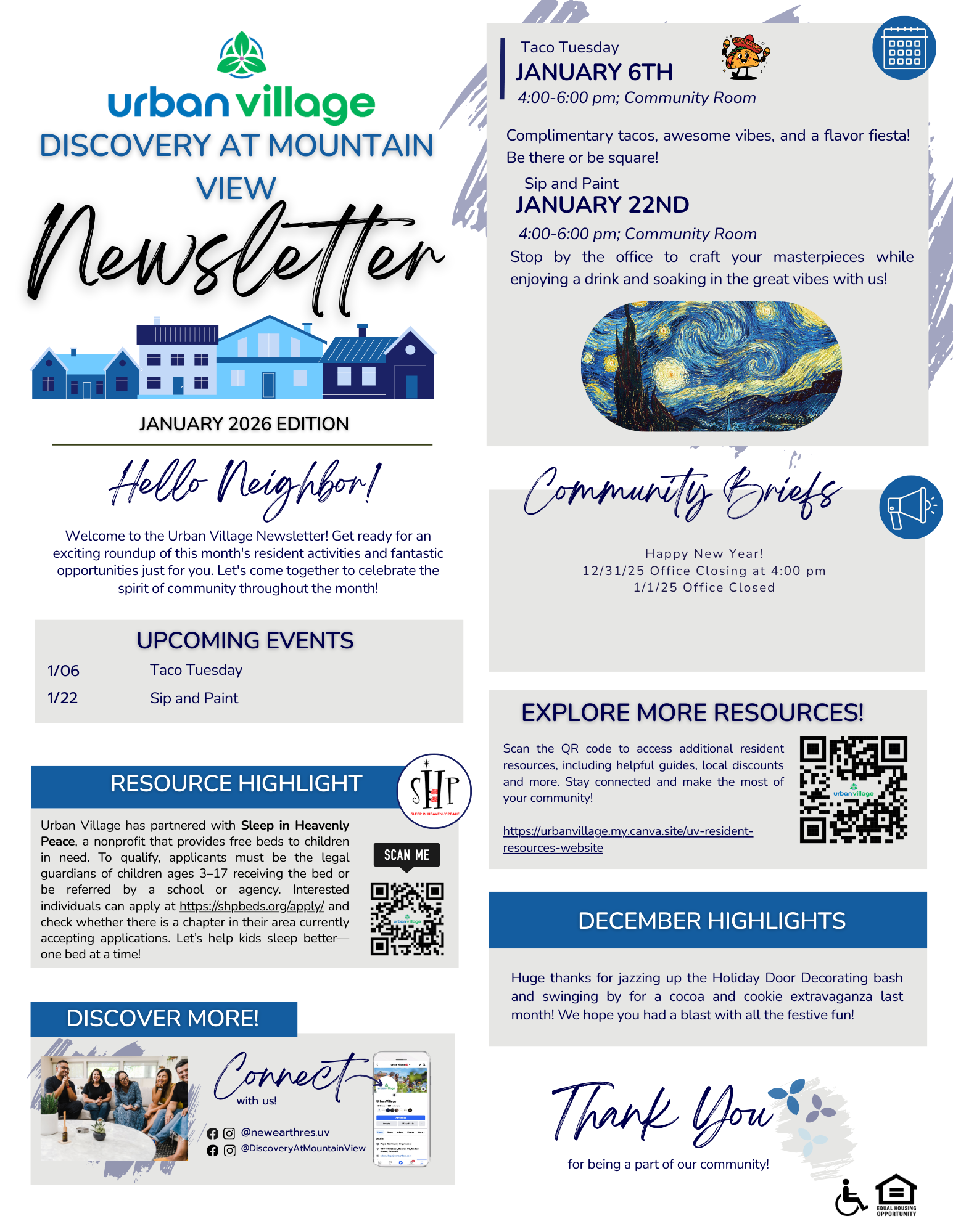 A colorful community newsletter featuring events, resource highlights, and news related to Urban Village Discovery at Mountain View, January 2026 edition.