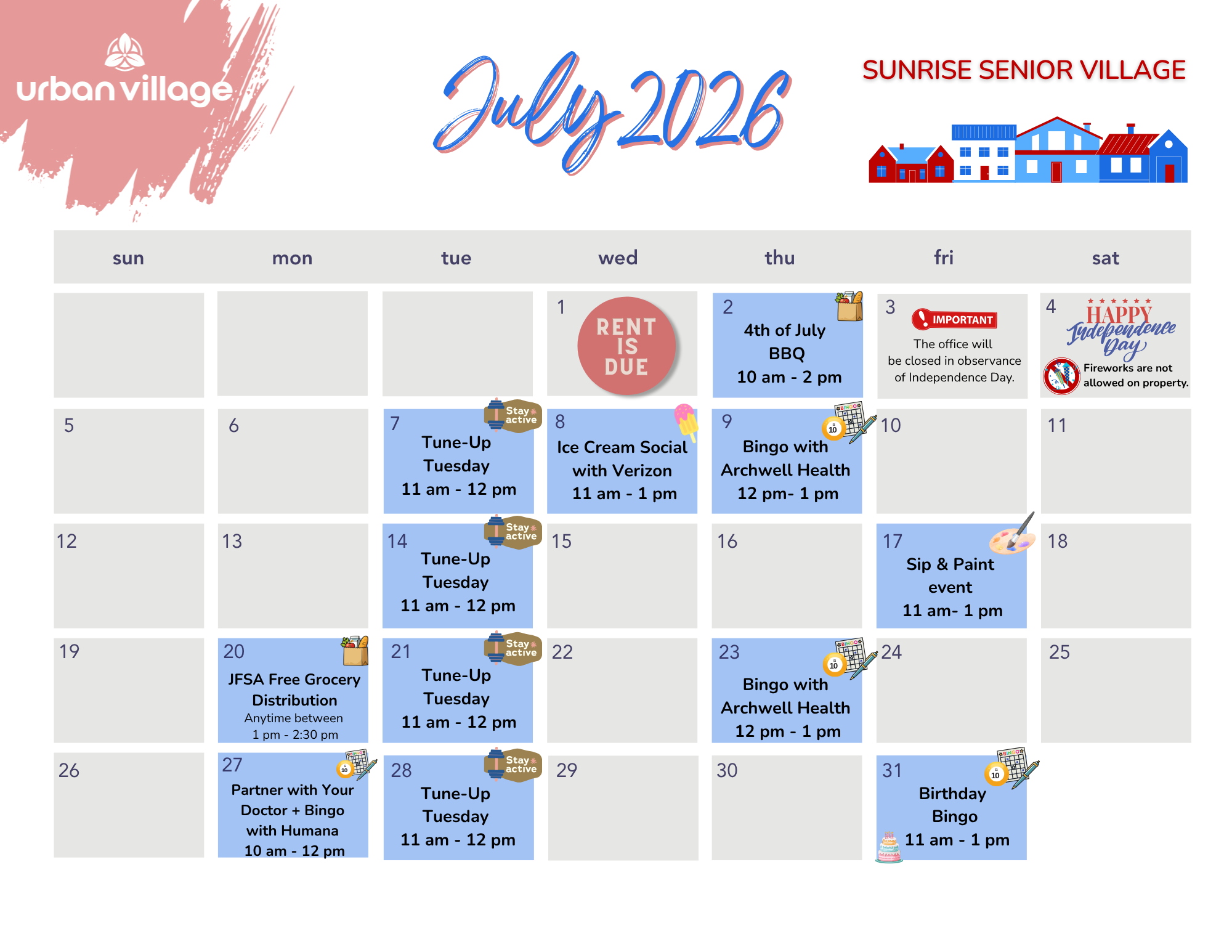Calendar for July 2026 at Sunrise Senior Village featuring various events.