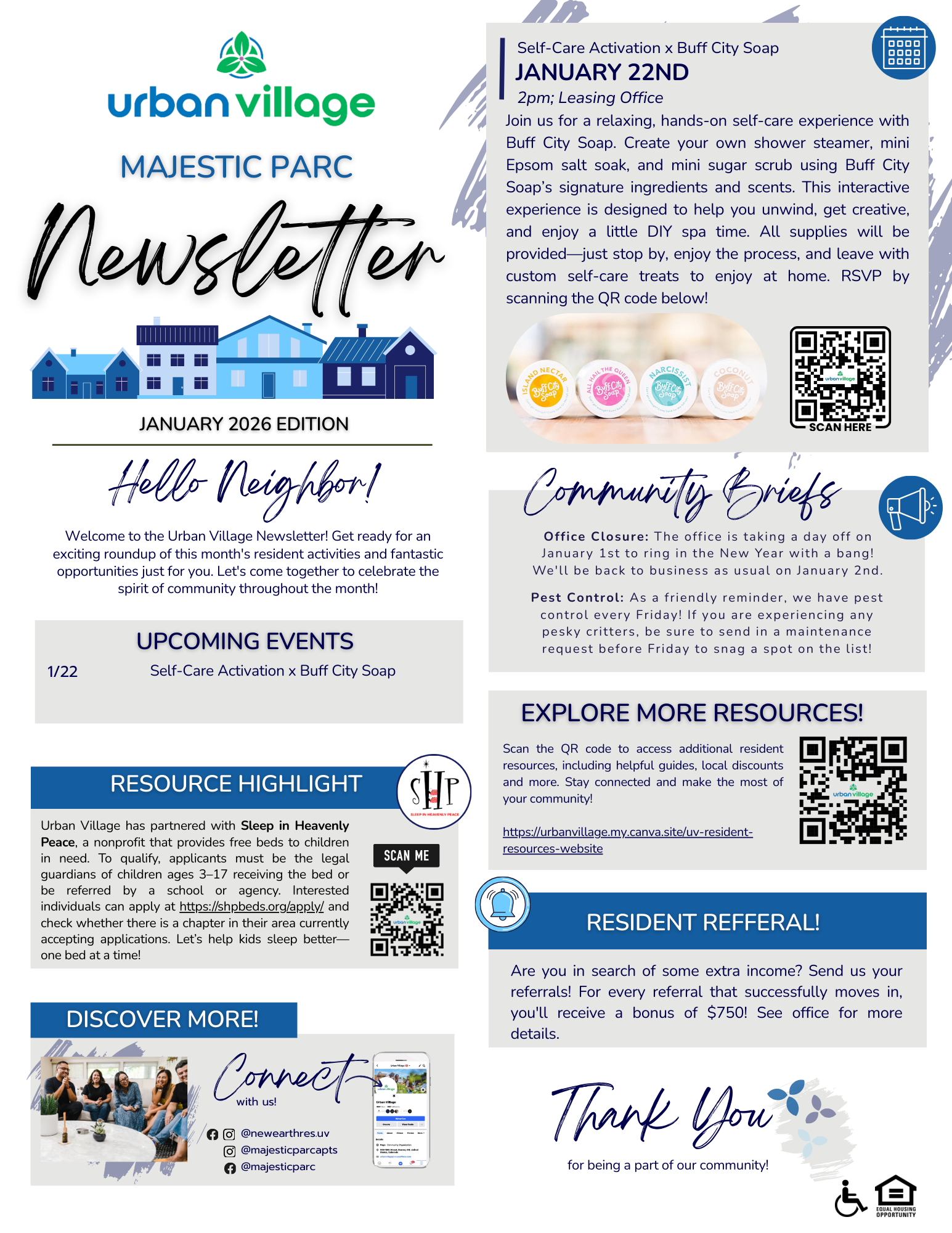 Newsletter for Urban Village featuring community events, resources, and activities for residents. The newsletter includes information about a self-care event, highlights community briefings, and provides resource links, along with a referral program.