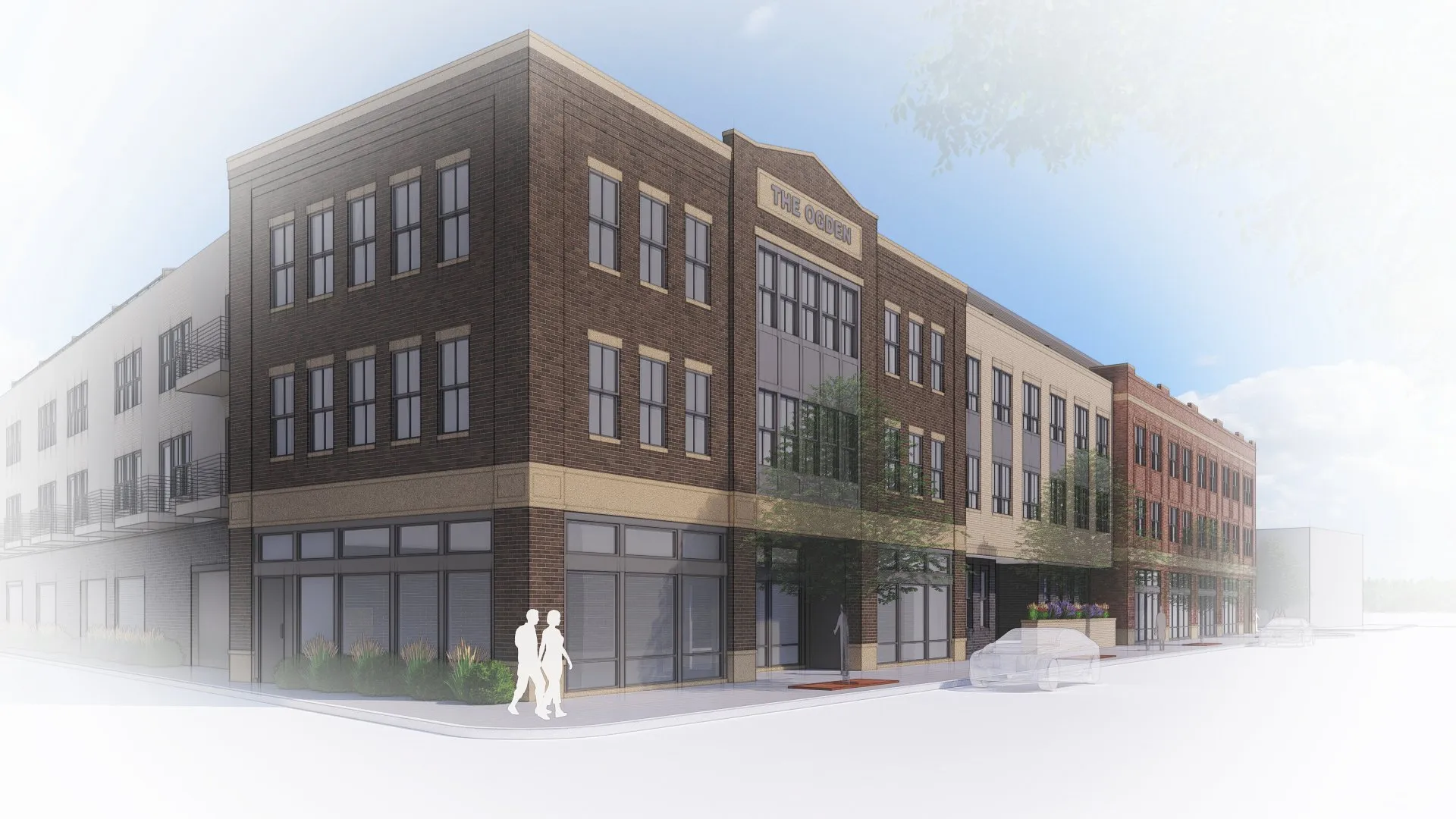 Architectural rendering of a new mixed-use building with retail spaces and residential units.