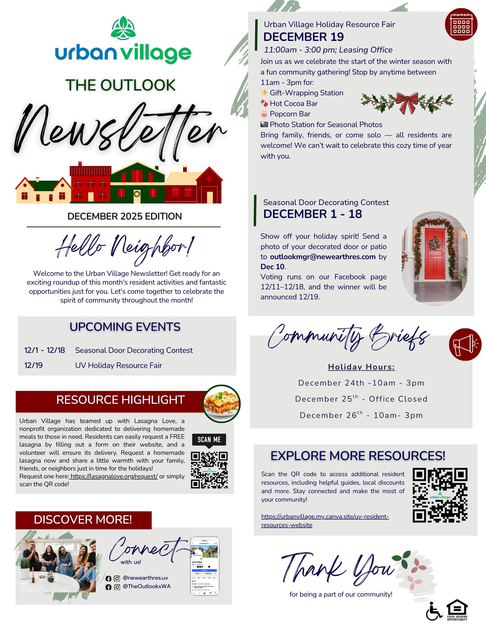 Newsletter from Urban Village for December 2025 featuring upcoming events including a Seasonal Door Decorating Contest and a Holiday Resource Fair.