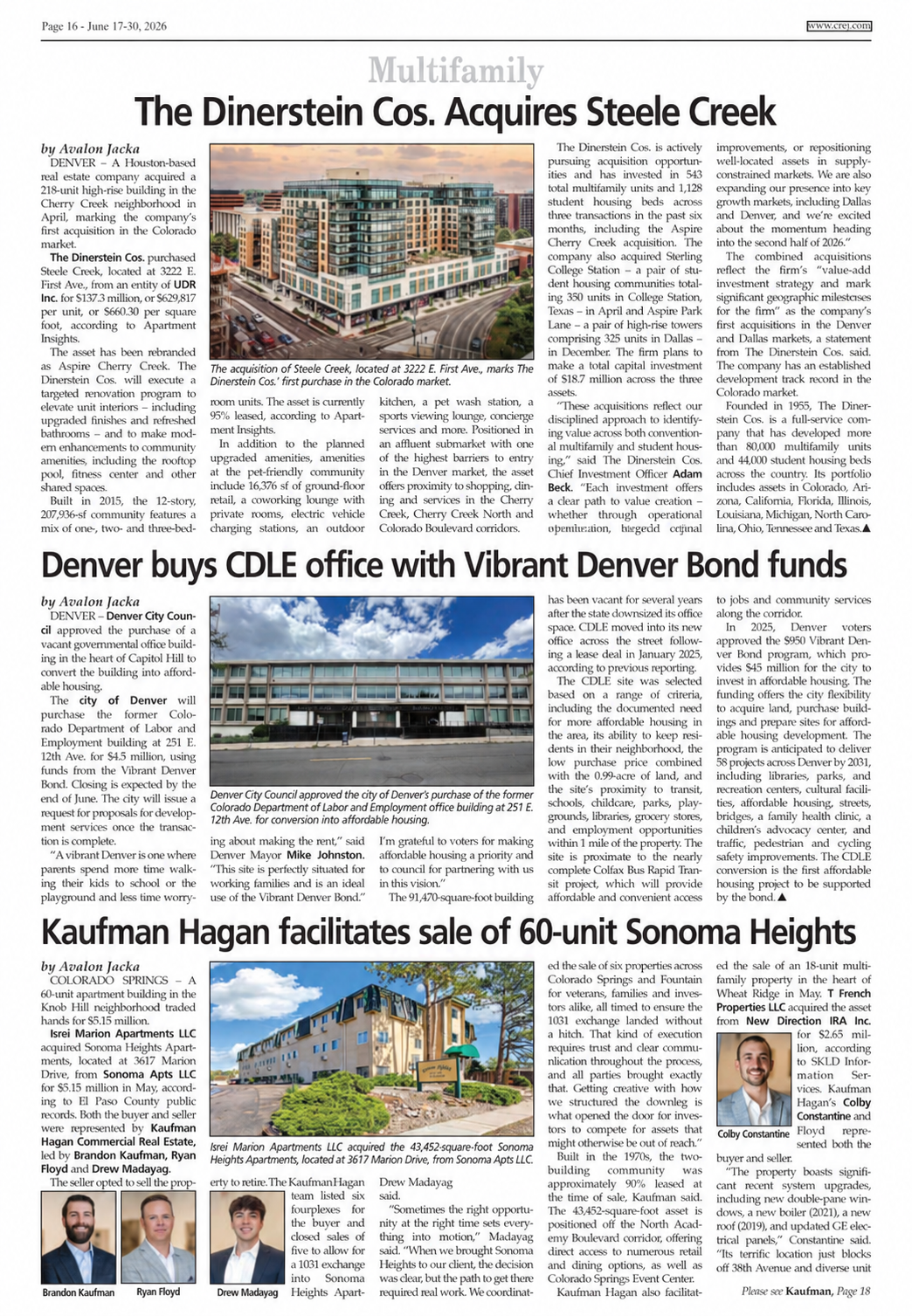 A newspaper article discussing recent acquisitions and sales in the multifamily housing market.