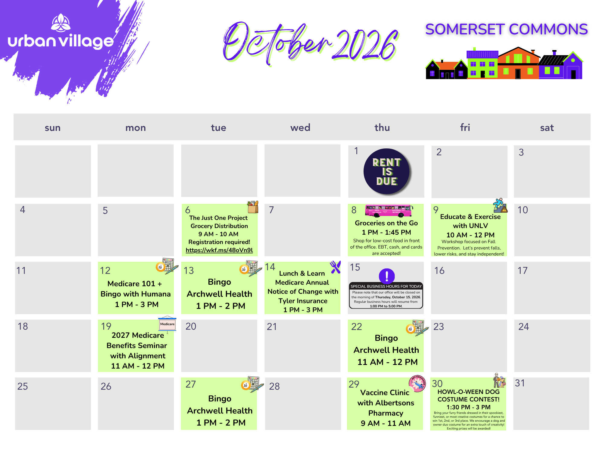 A calendar for October 2026 featuring events at Somerset Commons, including health workshops, bingo games, and a vaccine clinic.