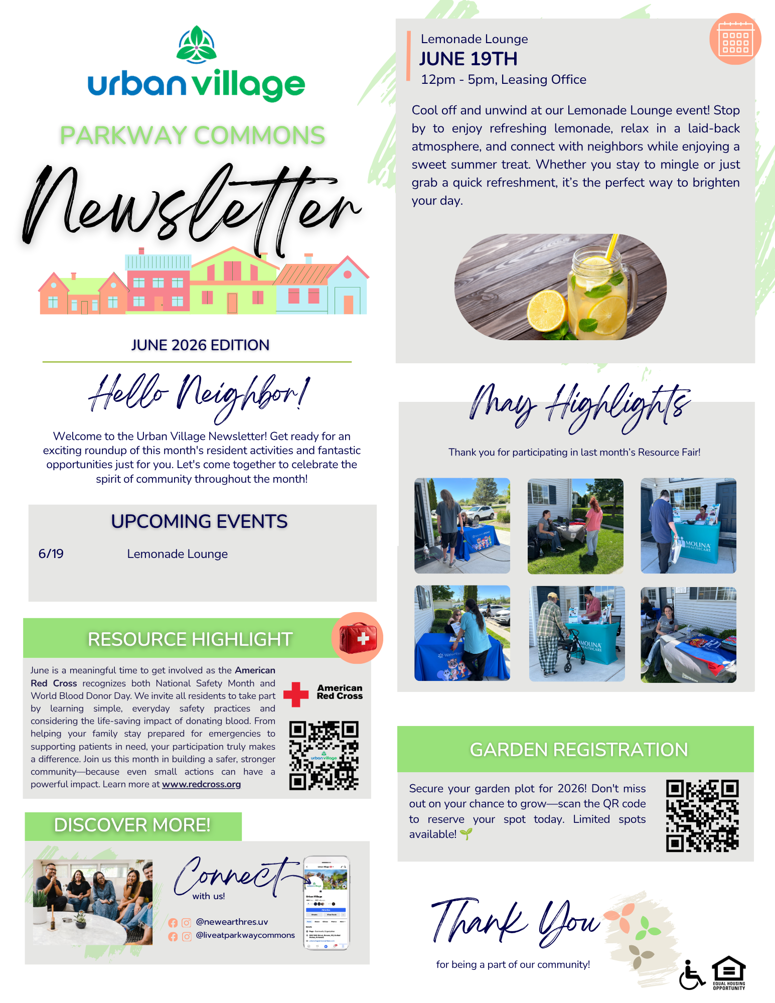 Newsletter from Urban Village for Parkway Commons, June 2026 edition, featuring event information and highlights.