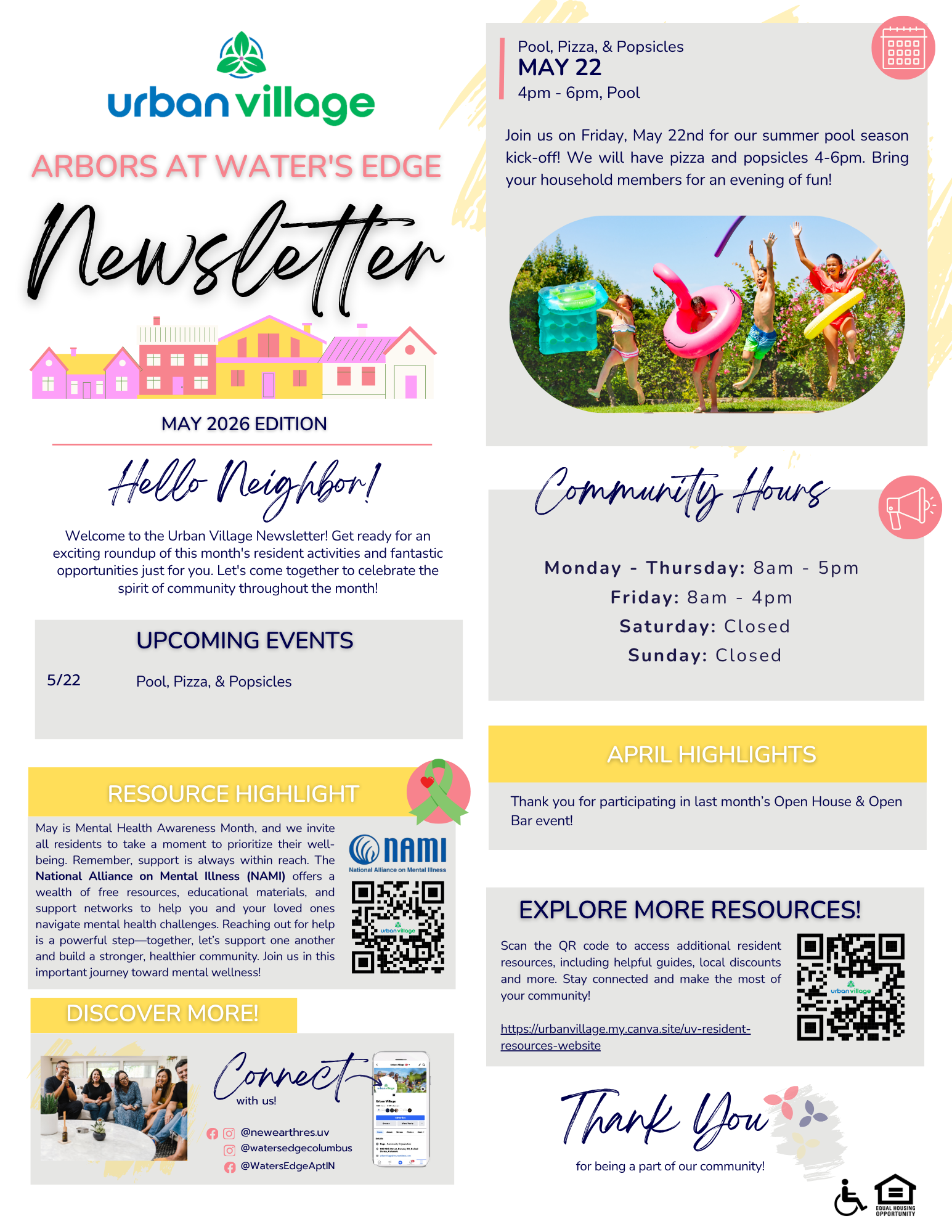 Newsletter for Arbors at Water's Edge from Urban Village, May 2026 edition, detailing community hours, upcoming events, and resource highlights.