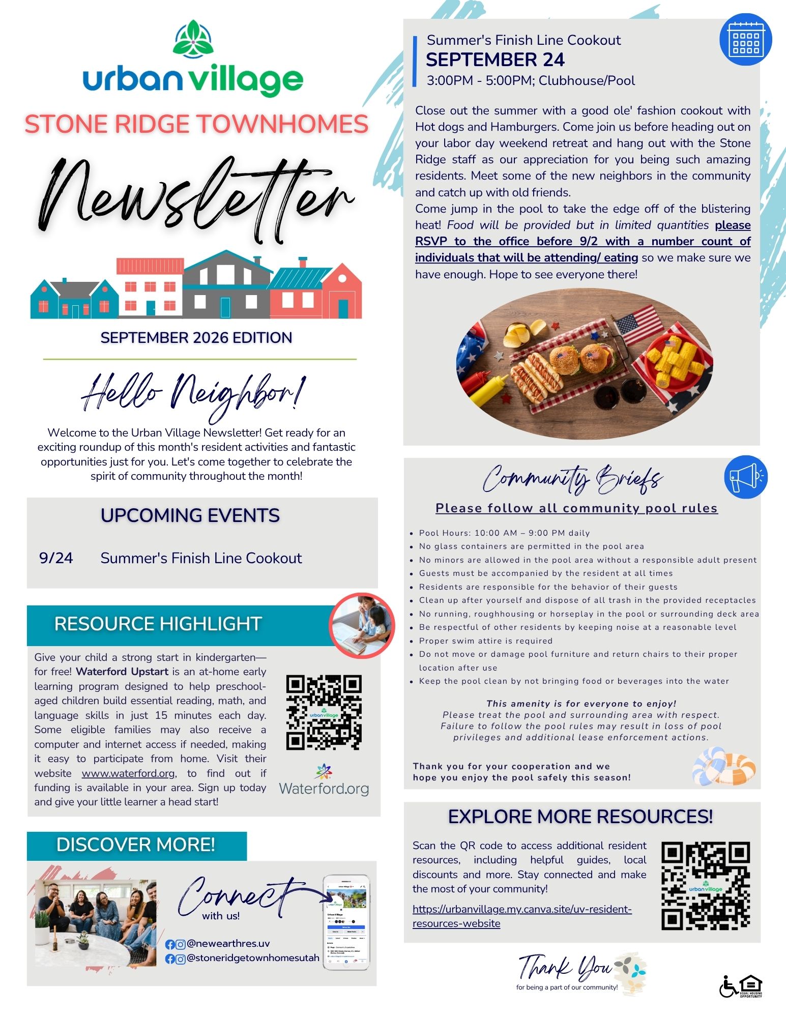 A newsletter for Urban Village Stone Ridge Townhomes, featuring upcoming events, resource highlights, and community guidelines.