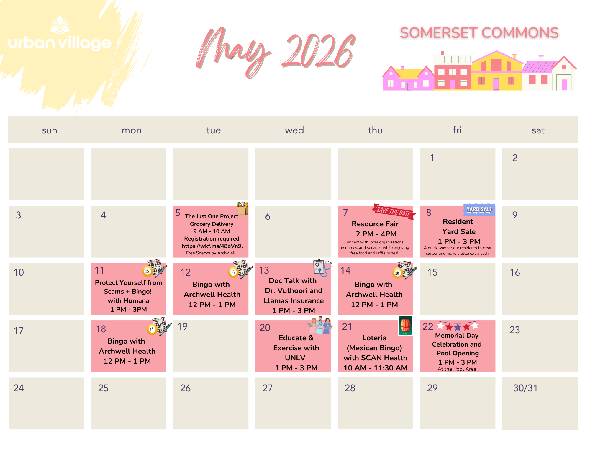 Calendar for May 2026 with events listed for Somerset Commons, including activities like Bingo, Resource Fair, and Memorial Day celebration.