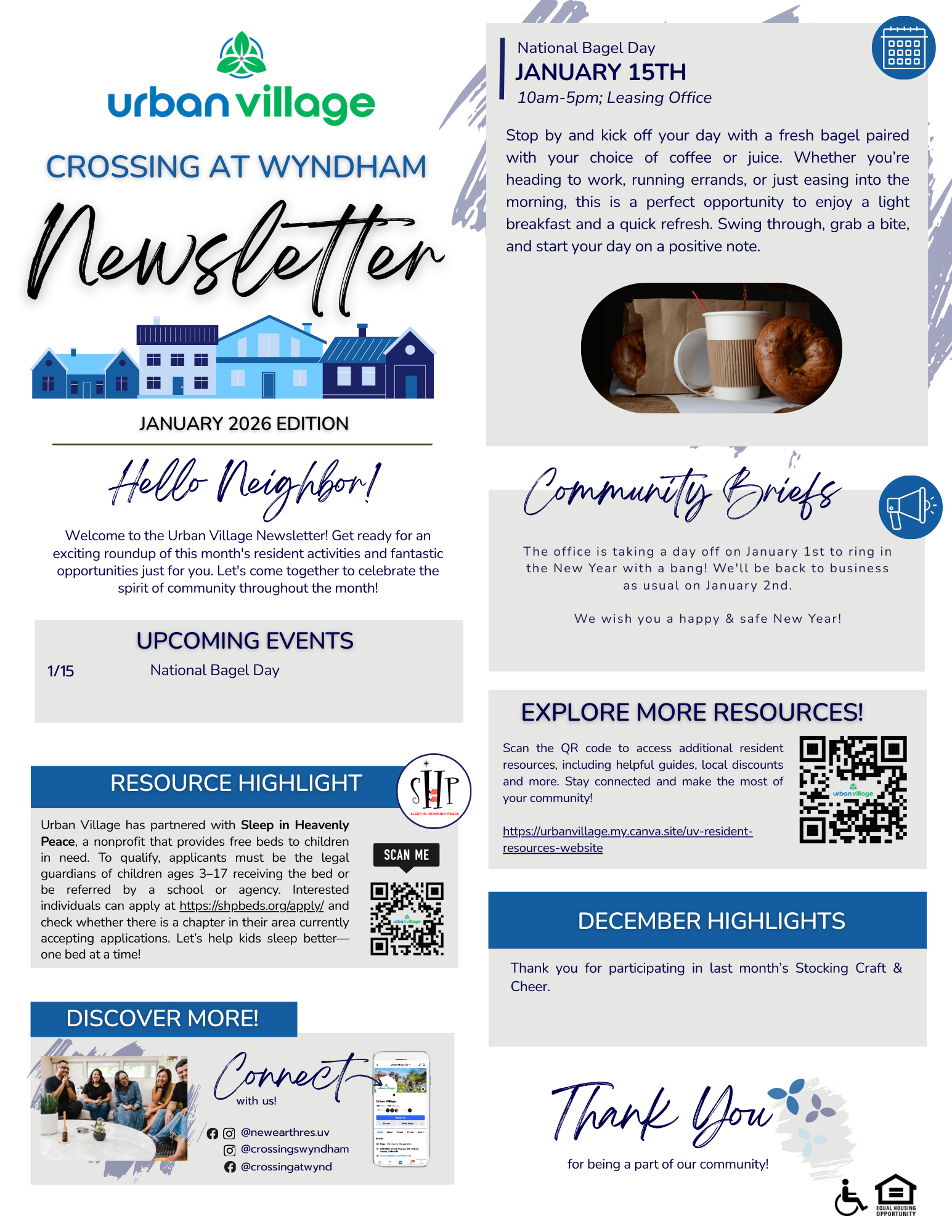 Newsletter for Urban Village featuring National Bagel Day event with various community highlights and resources.