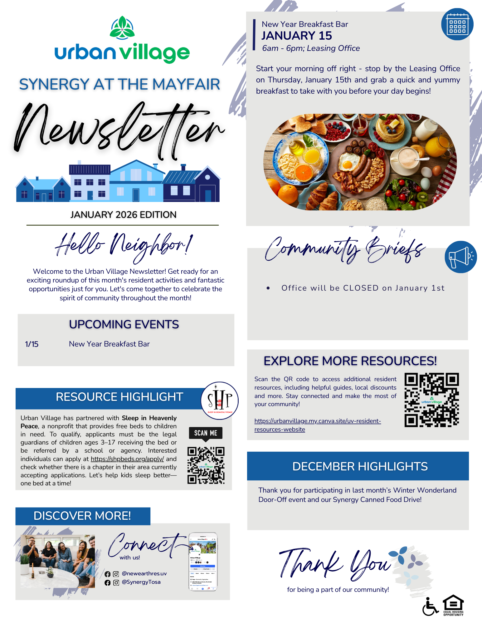Newsletter for Urban Village featuring events and community resources. Includes breakfast bar event details and office closure announcement.