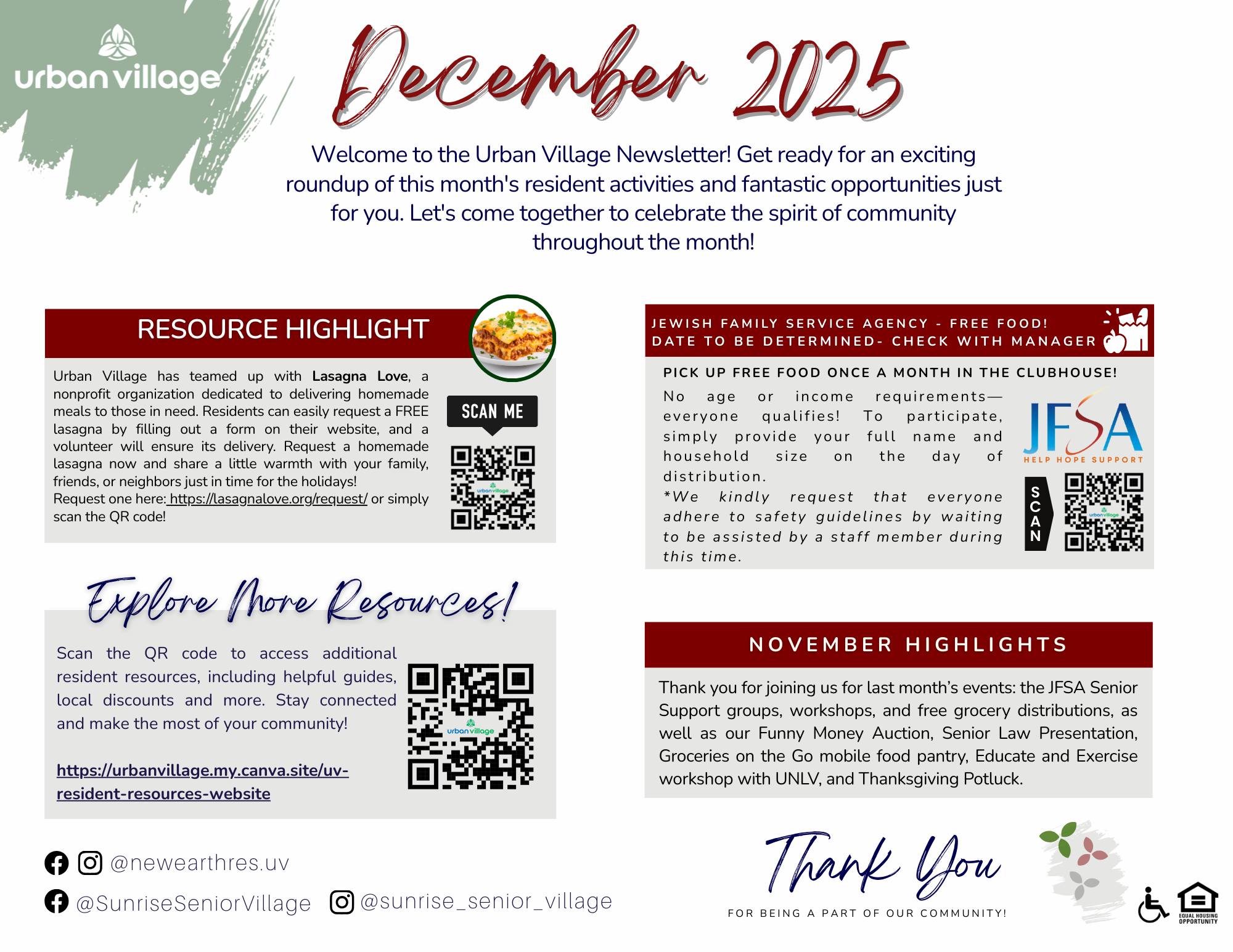Urban Village Newsletter for December 2025 highlighting community resources and activities.